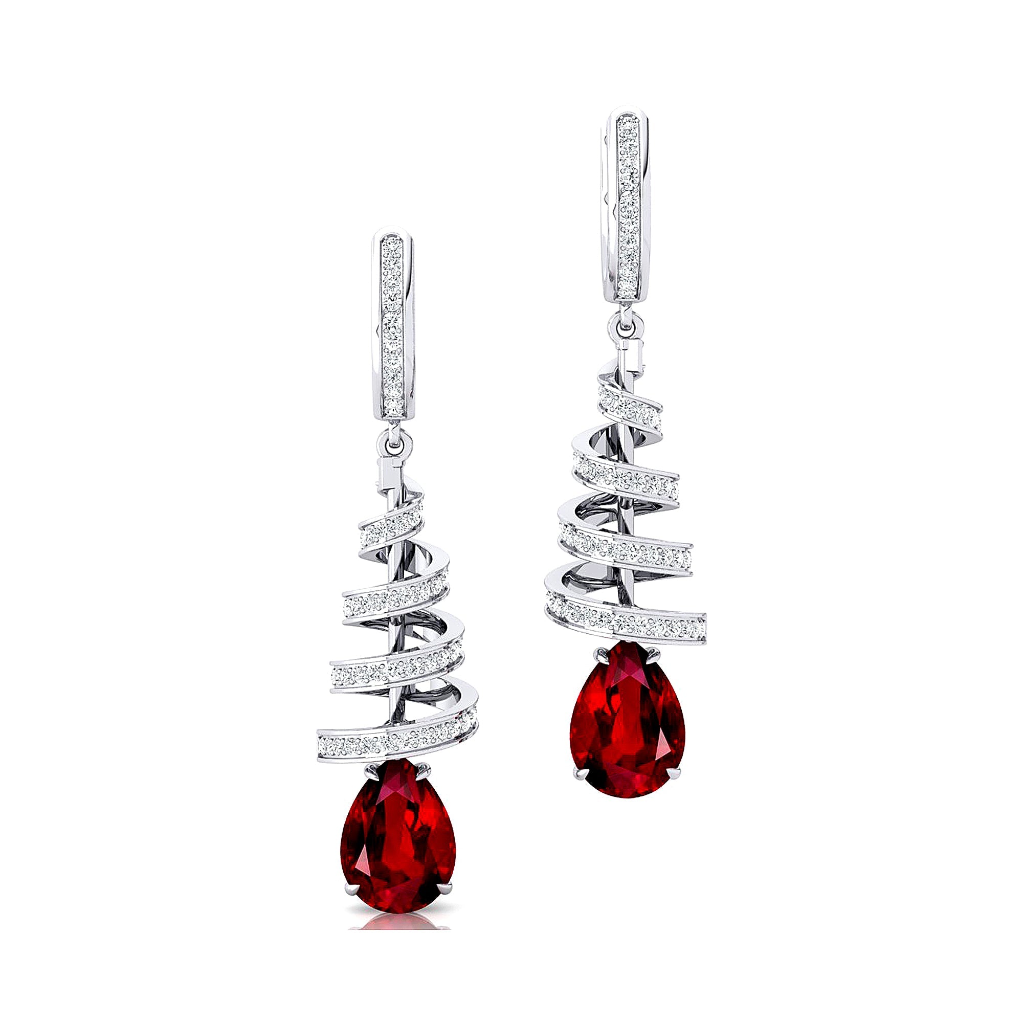 Spiral Diamond Pear Cut Ruby Dangle Earrings - GeumJewels