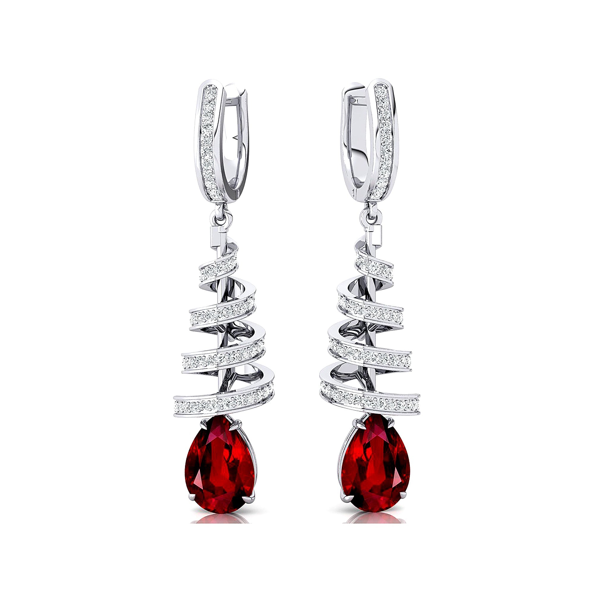 Spiral Diamond Pear Cut Ruby Dangle Earrings - GeumJewels