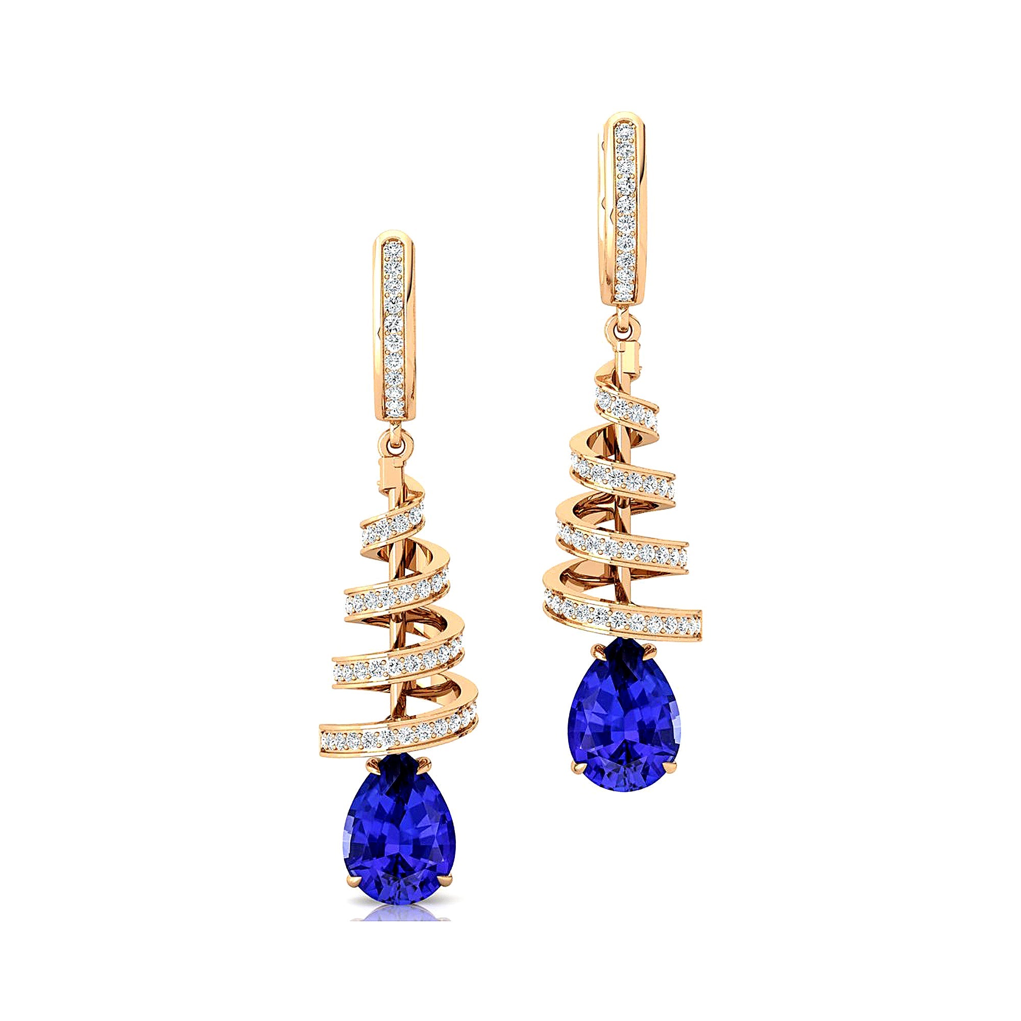 Spiral Diamond Pear Cut Tanzanite Dangle Earrings - GeumJewels