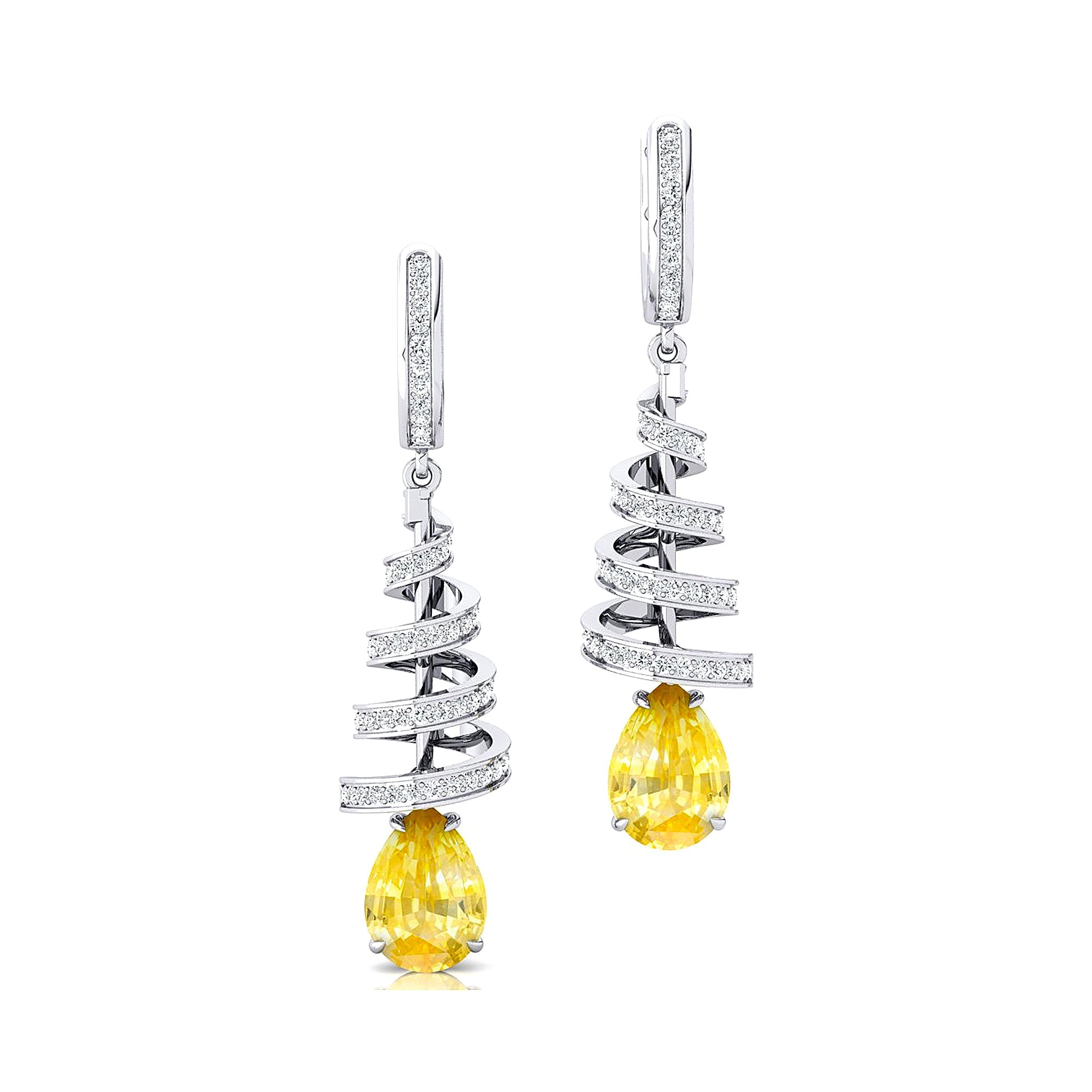 Spiral Diamond Pear Cut Yellow Sapphire Dangle Earrings - GeumJewels