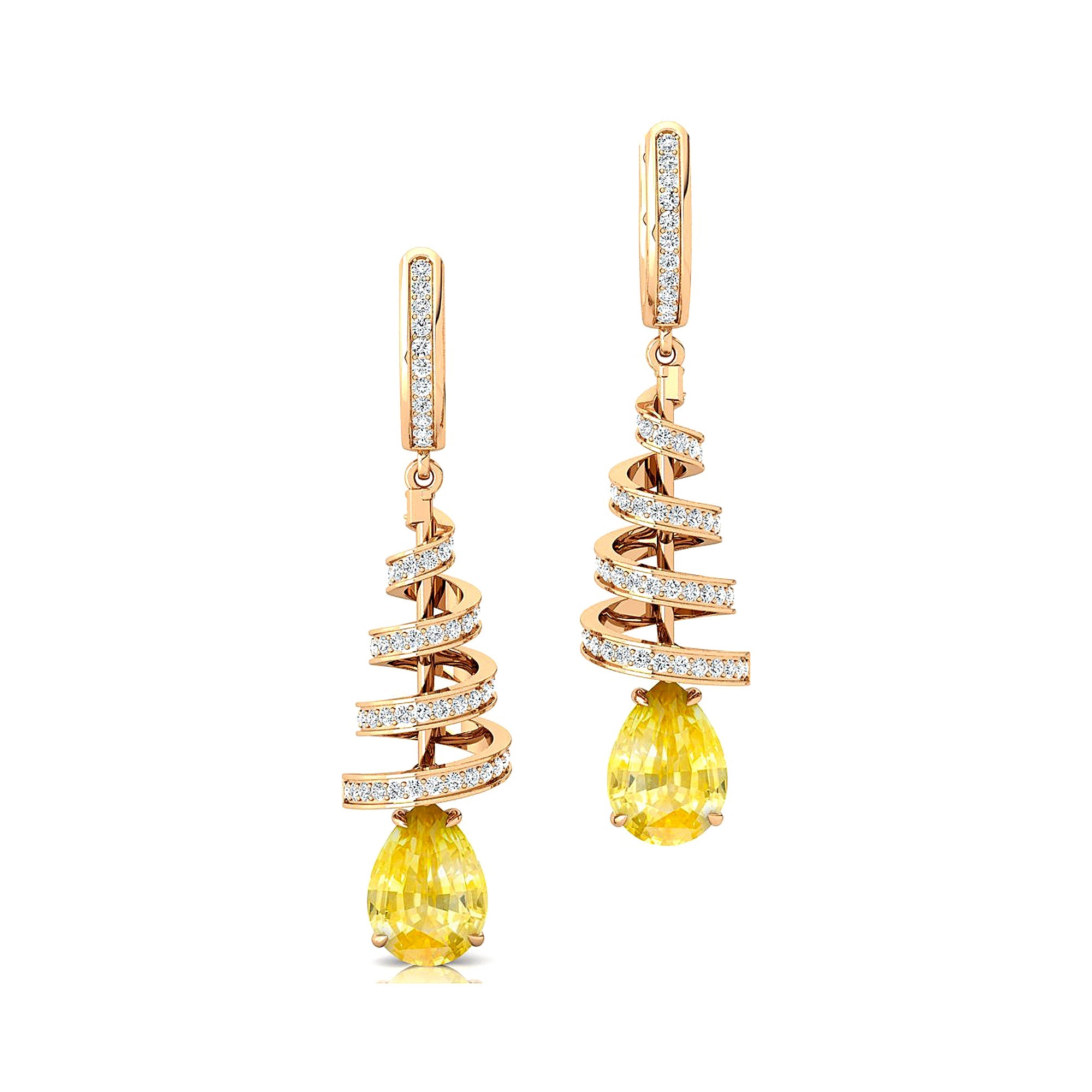 Spiral Diamond Pear Cut Yellow Sapphire Dangle Earrings - GeumJewels