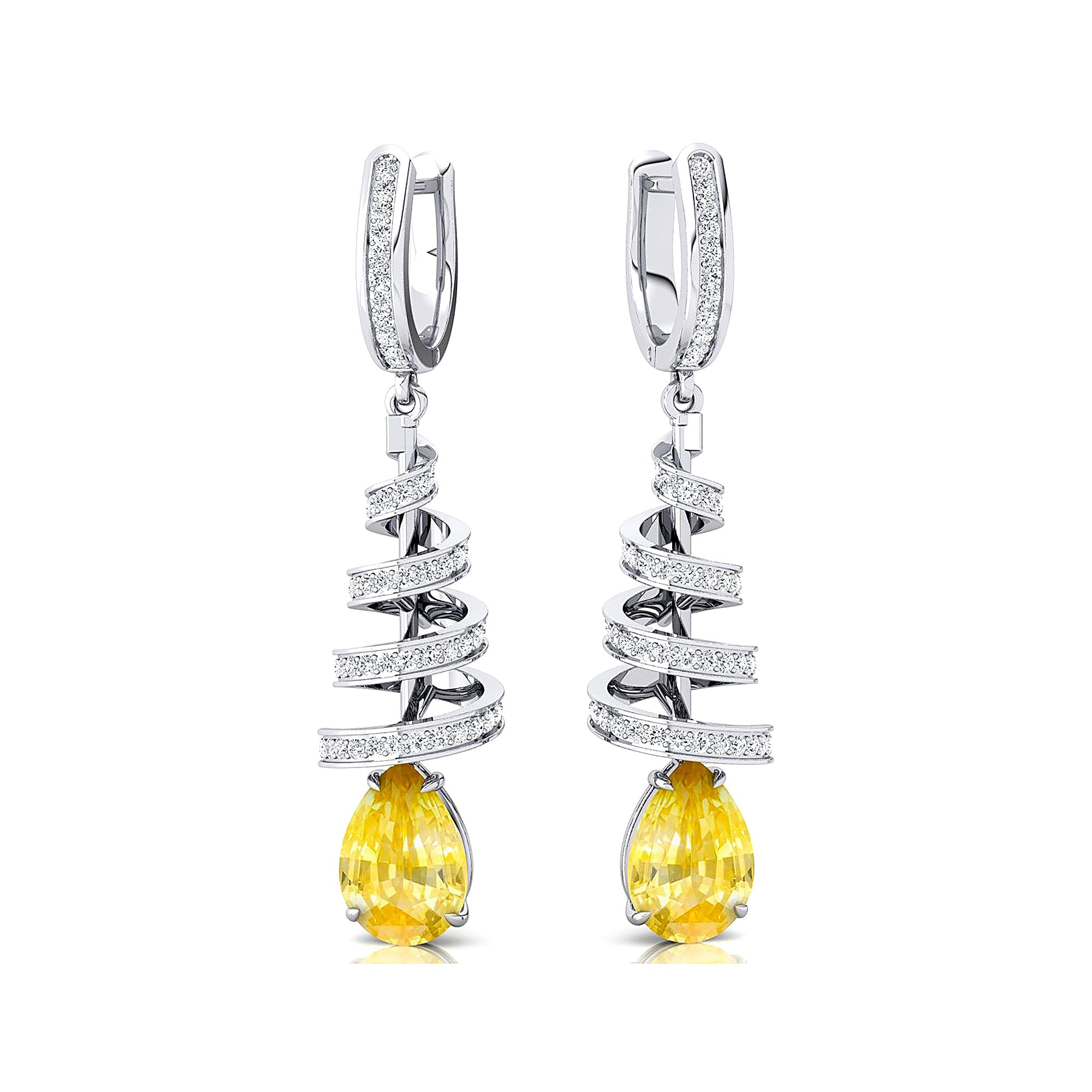 Spiral Diamond Pear Cut Yellow Sapphire Dangle Earrings - GeumJewels