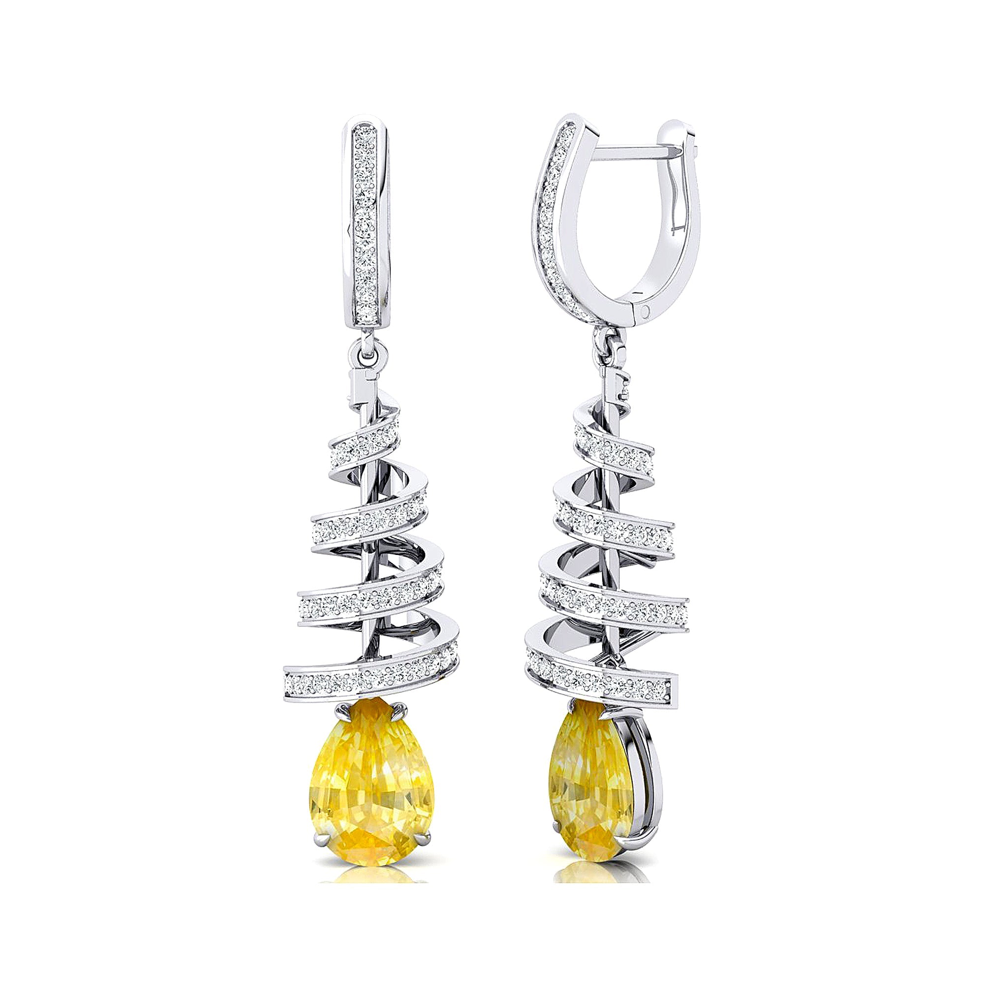 Spiral Diamond Pear Cut Yellow Sapphire Dangle Earrings - GeumJewels