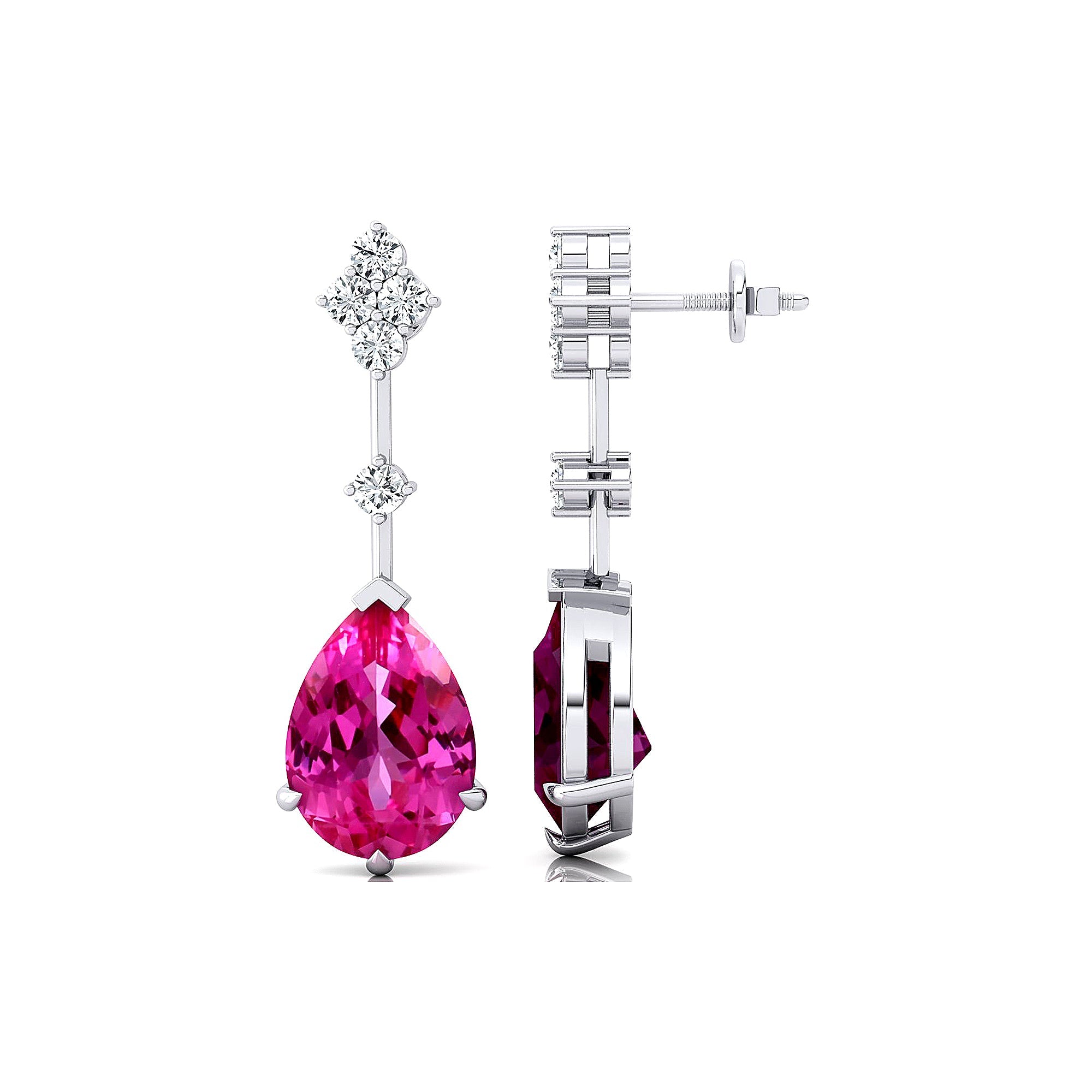 Teardrop Pink Sapphire Drop Earrings with Accent Diamonds - GeumJewels