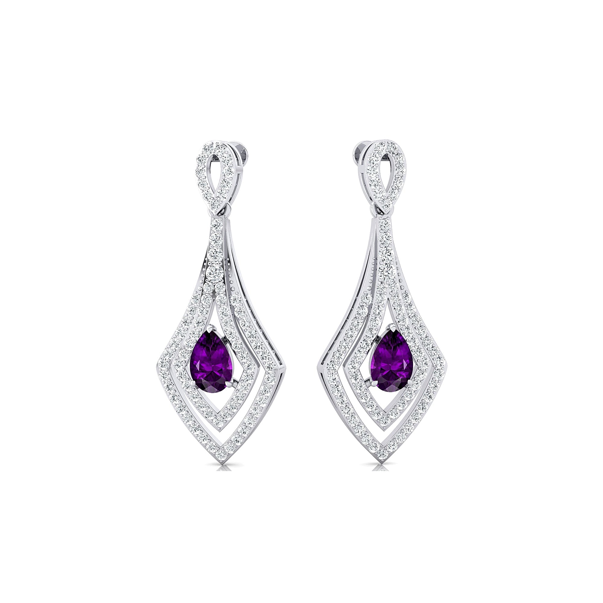 Vintage Inspired Pear Cut Amethyst Diamond Drop Earrings - GeumJewels