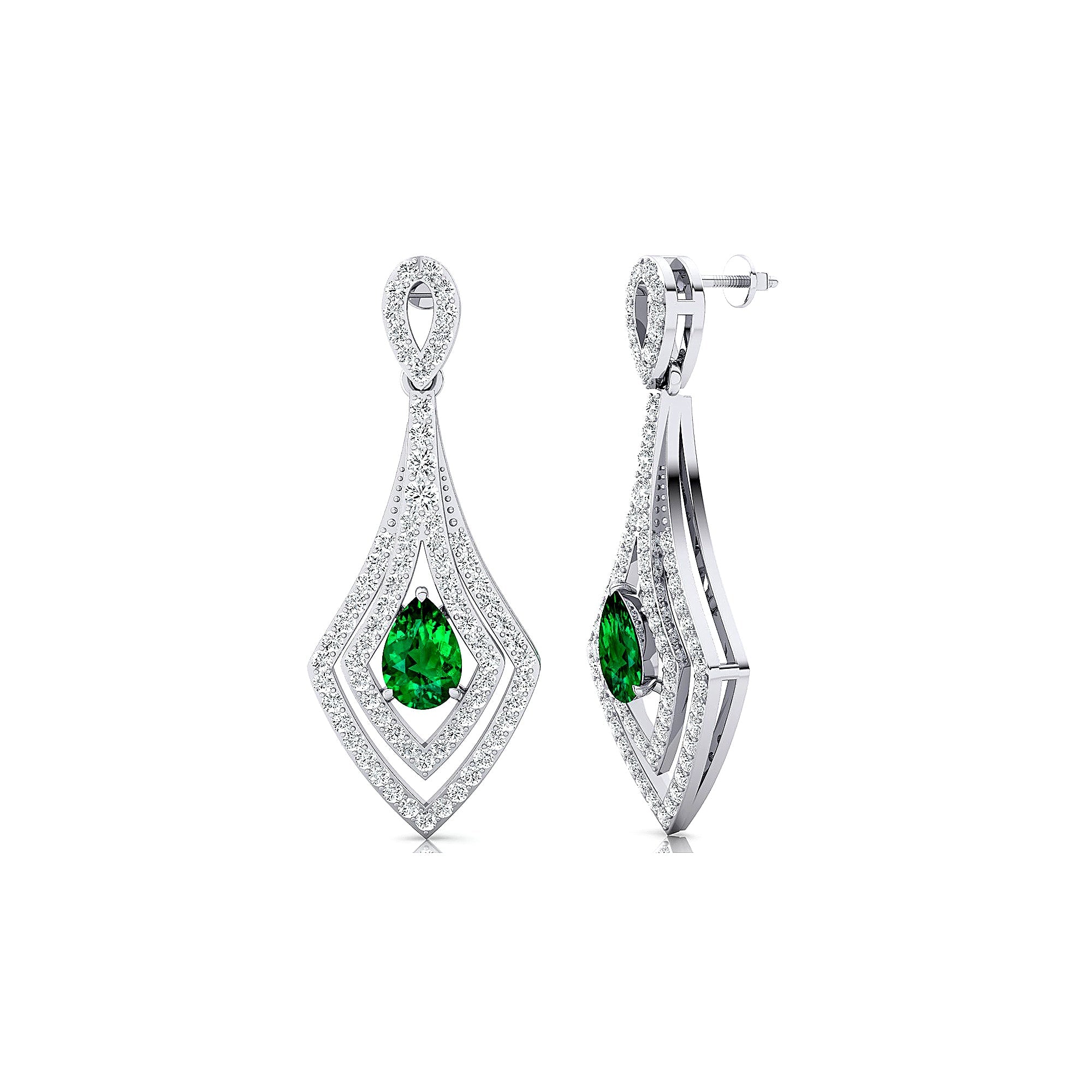 Vintage Inspired Pear Cut Emerald Diamond Drop Earrings - GeumJewels