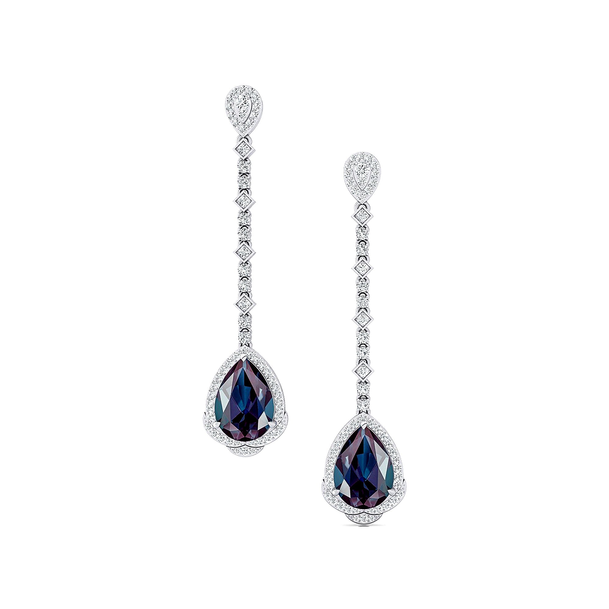 Vintage Style Pear Cut Alexandrite Halo Diamond Drop Earrings - GeumJewels