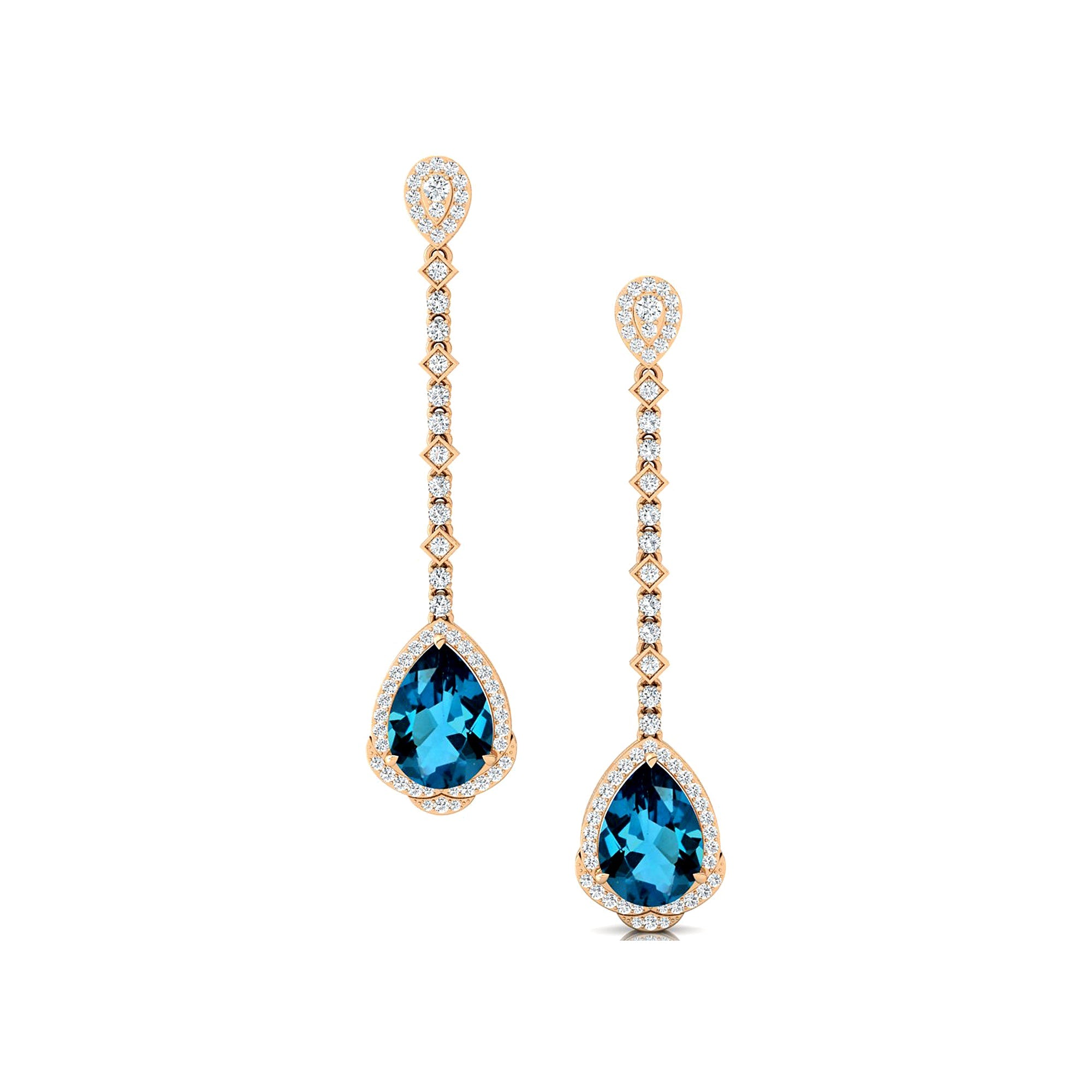 Vintage Style Pear Cut London Blue Topaz Halo Diamond Drop Earrings - GeumJewels