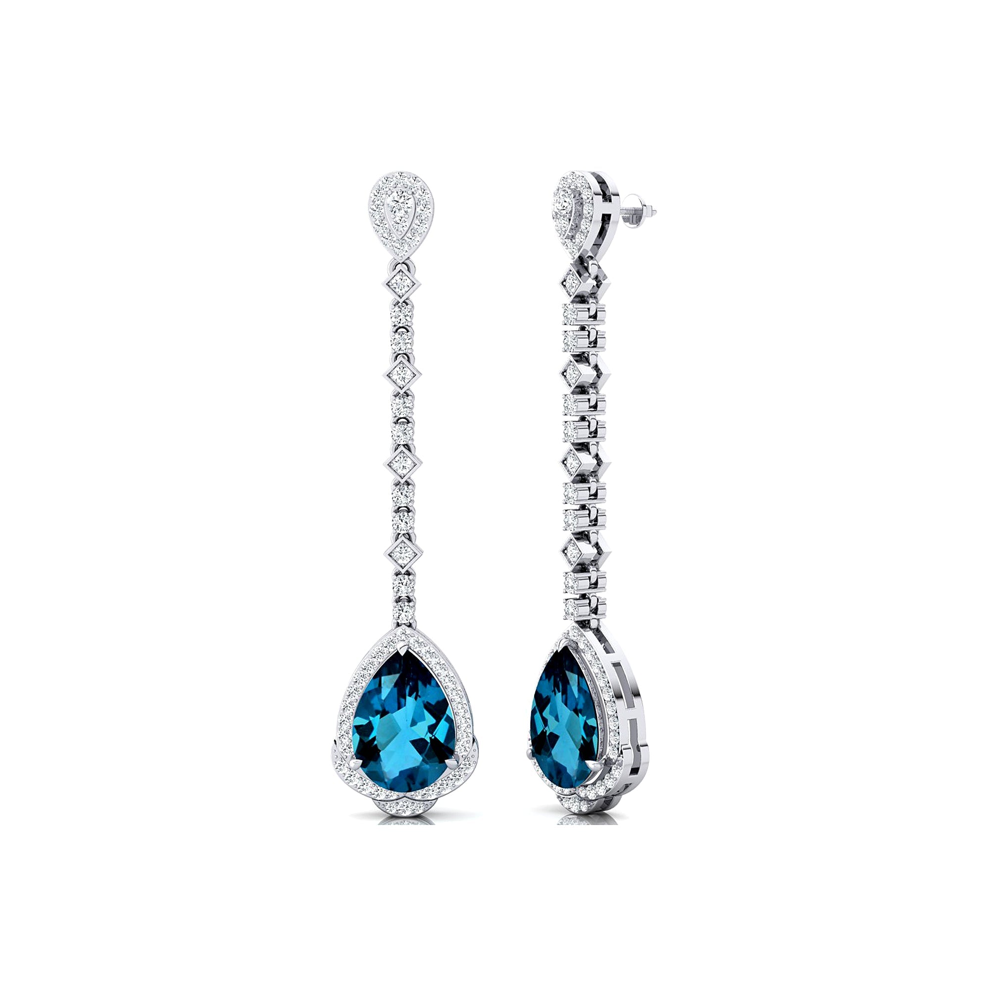 Vintage Style Pear Cut London Blue Topaz Halo Diamond Drop Earrings - GeumJewels