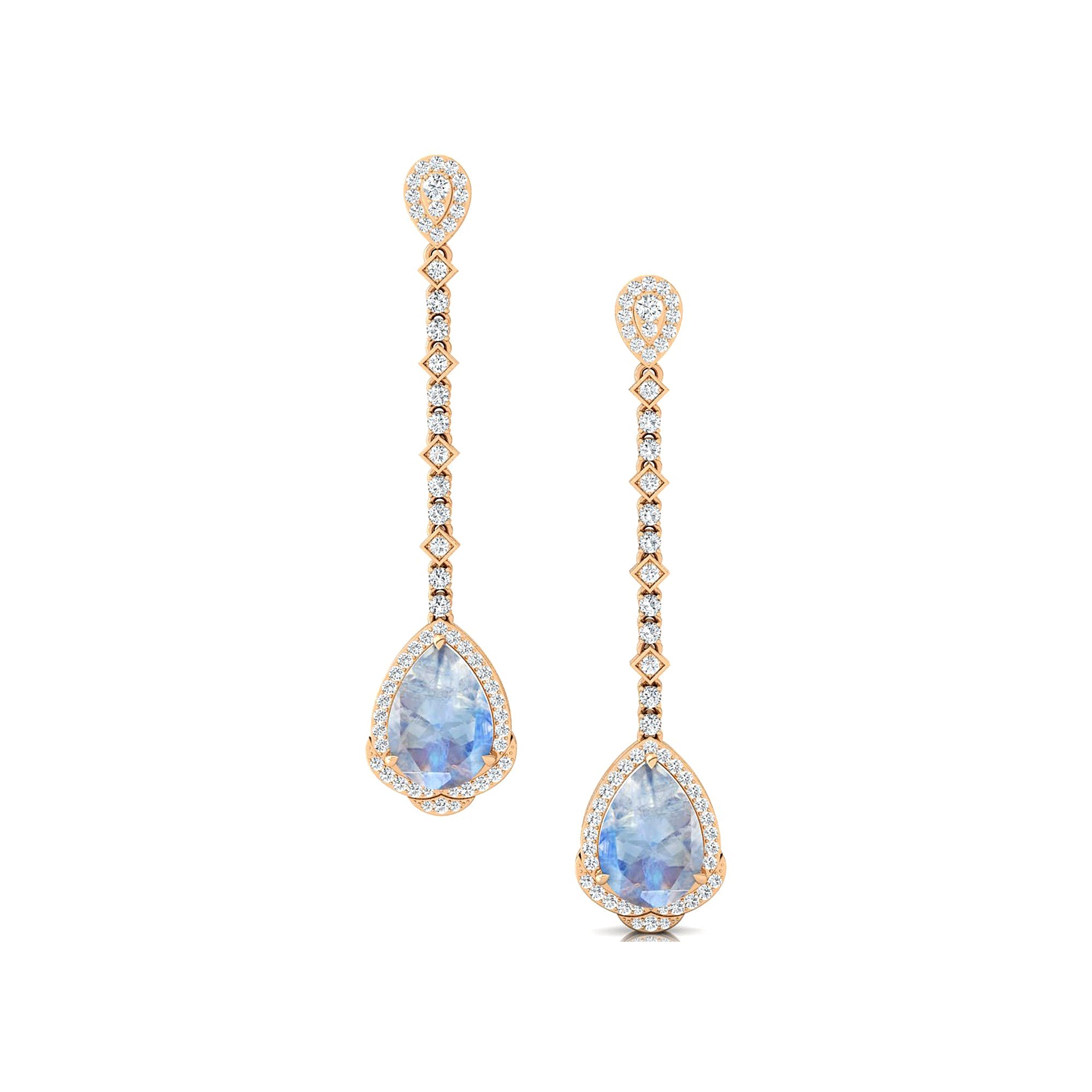 Vintage Style Pear Cut Moonstone Halo Diamond Drop Earrings - GeumJewels
