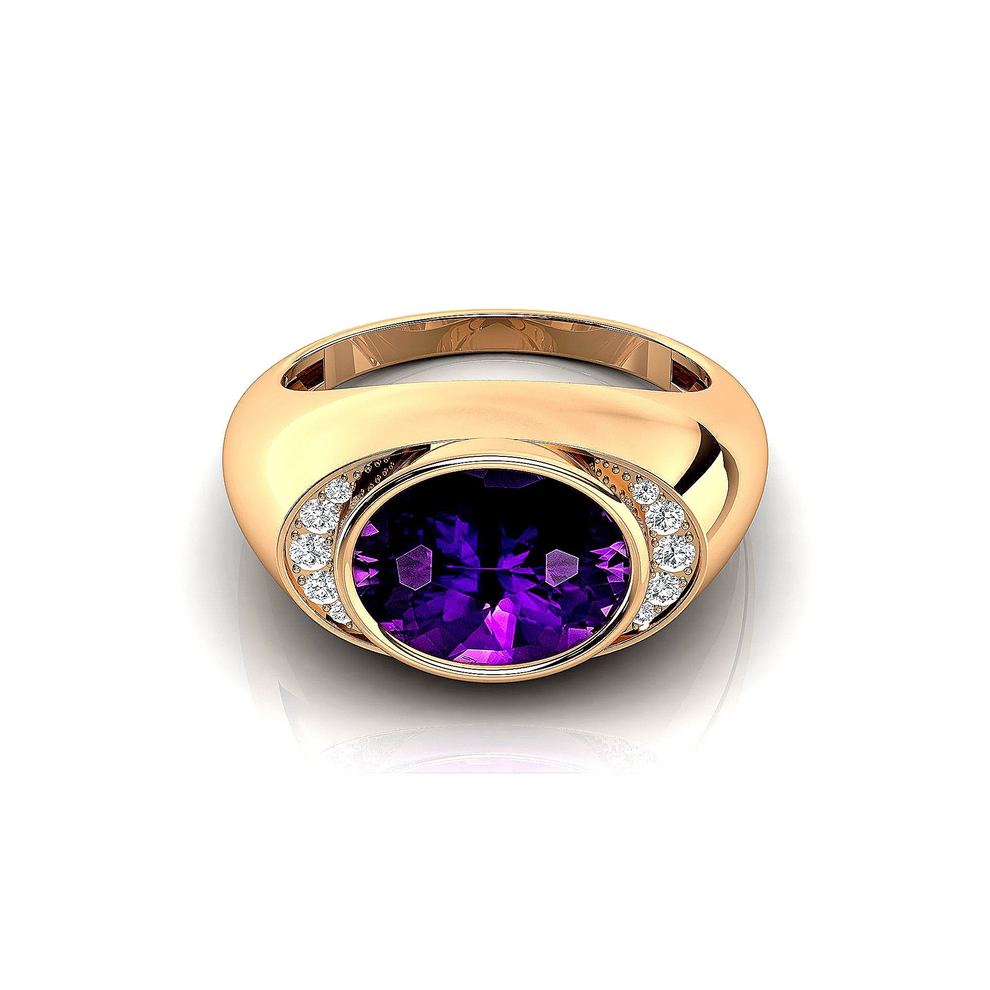 Classic Dome Shaped Diamond Oval Cut Amethyst Ring - GeumJewels