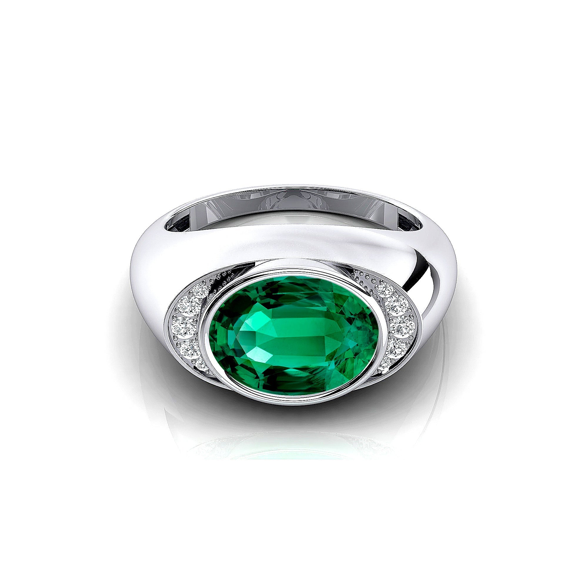 Classic Dome Shaped Diamond Oval Cut Emerald Ring - GeumJewels