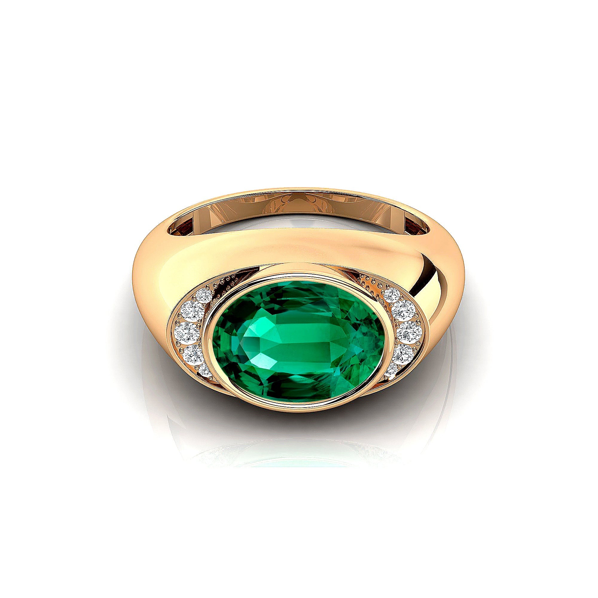 Classic Dome Shaped Diamond Oval Cut Emerald Ring - GeumJewels