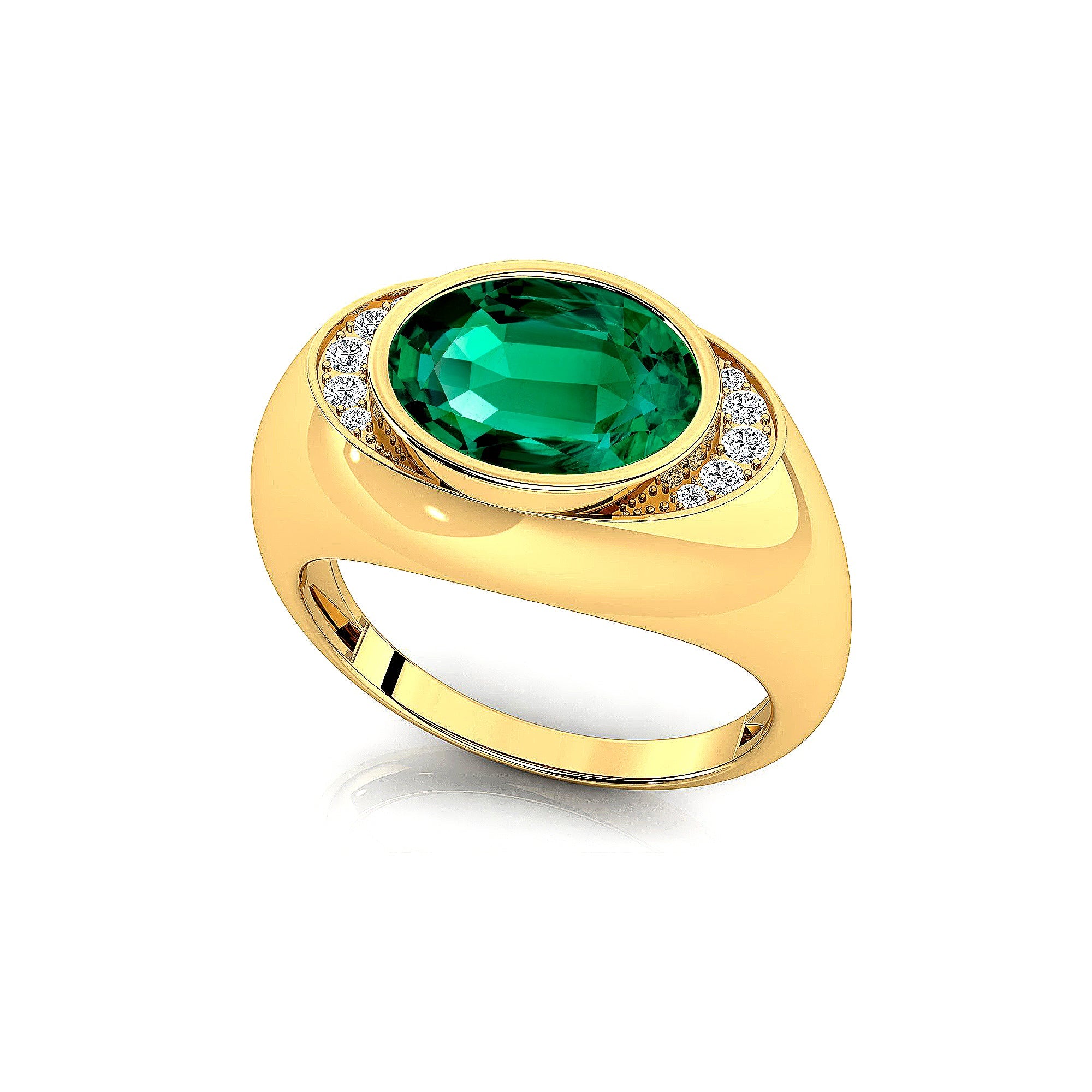 Classic Dome Shaped Diamond Oval Cut Emerald Ring - GeumJewels