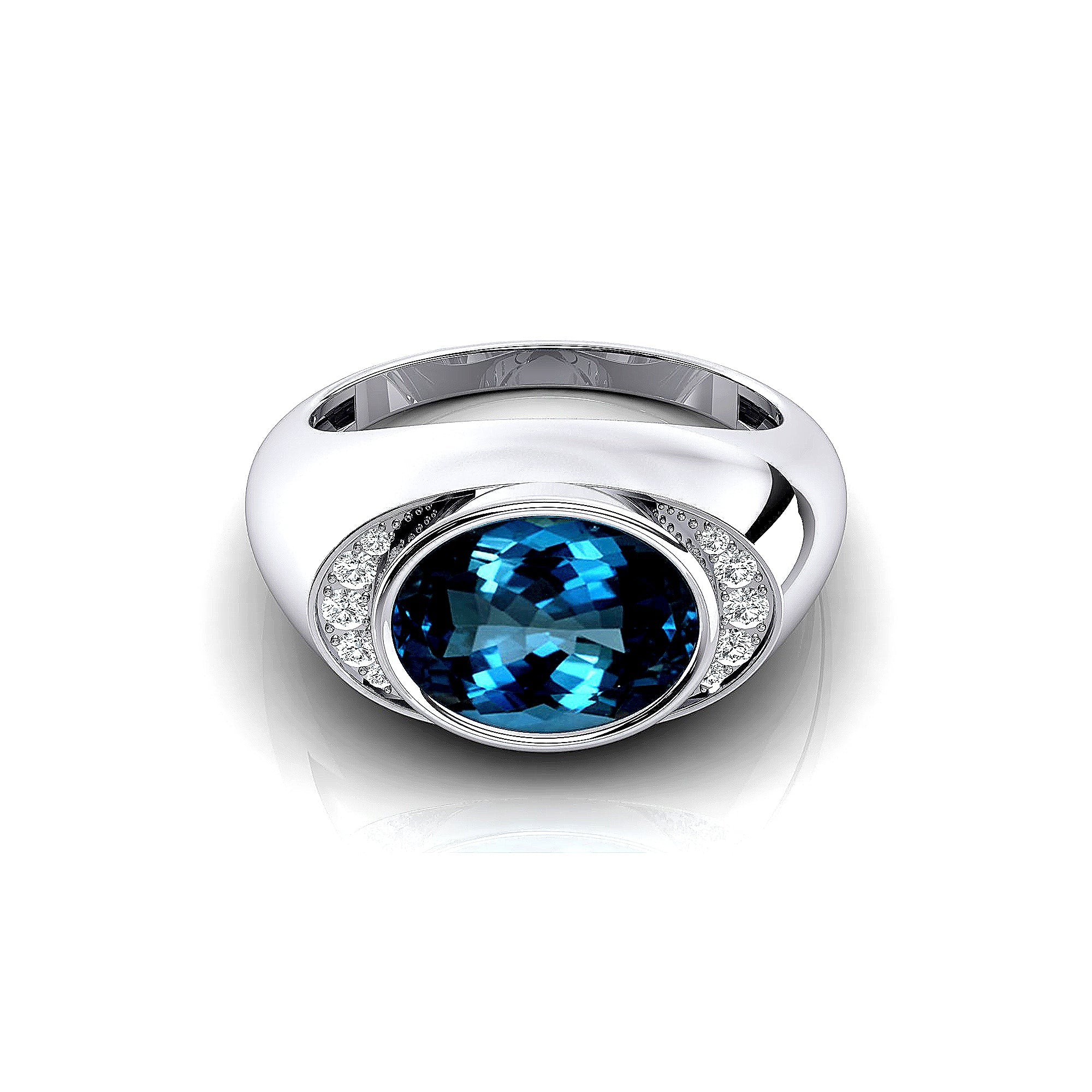 Classic Dome Shaped Diamond Oval Cut London Blue Topaz Ring - GeumJewels