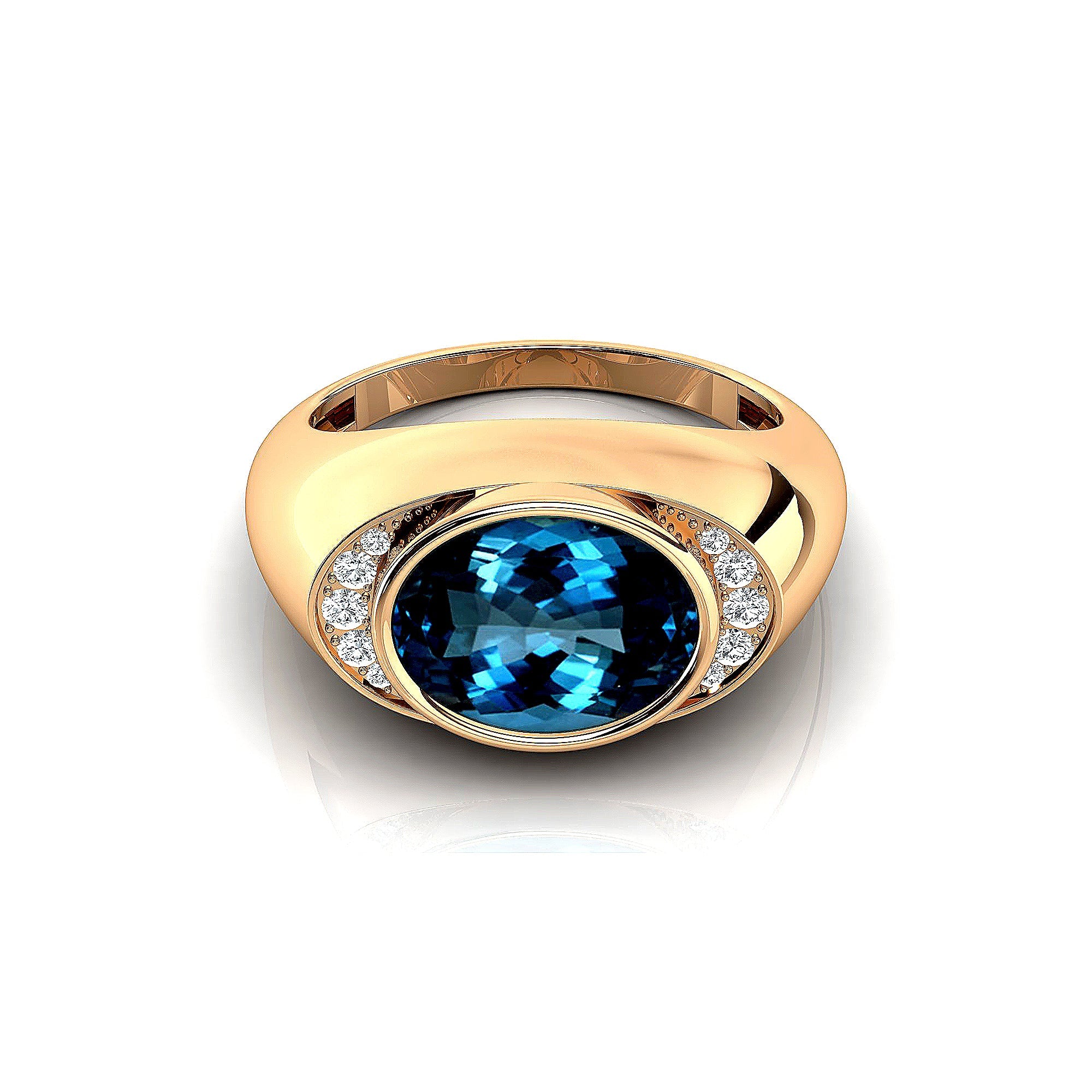 Classic Dome Shaped Diamond Oval Cut London Blue Topaz Ring - GeumJewels