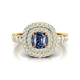 Double Halo Diamond Cushion Cut Alexandrite Ring - GeumJewels
