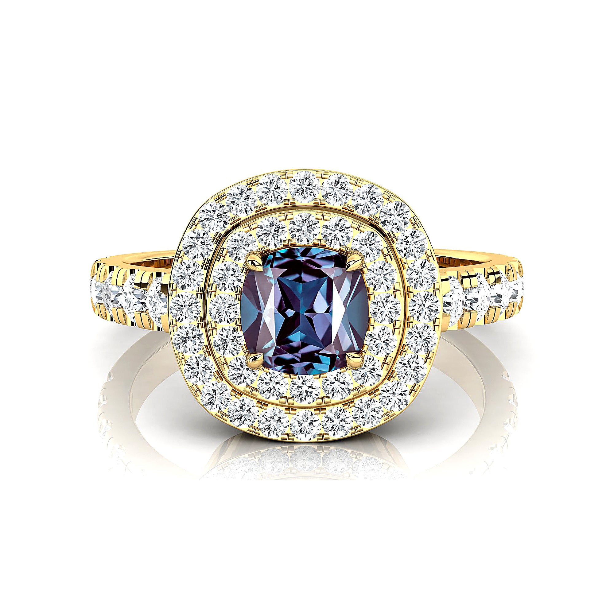 Double Halo Diamond Cushion Cut Alexandrite Ring - GeumJewels