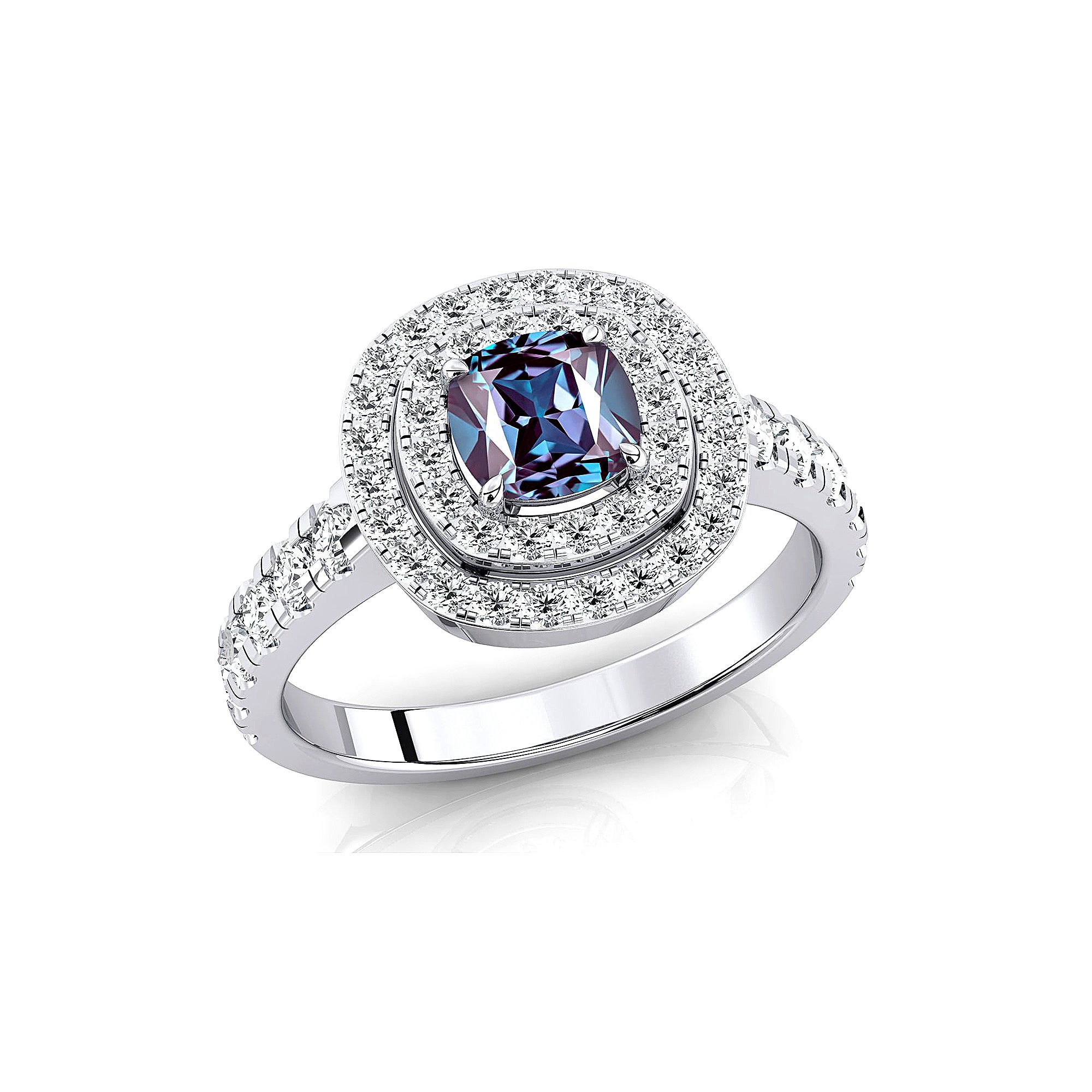 Double Halo Diamond Cushion Cut Alexandrite Ring - GeumJewels