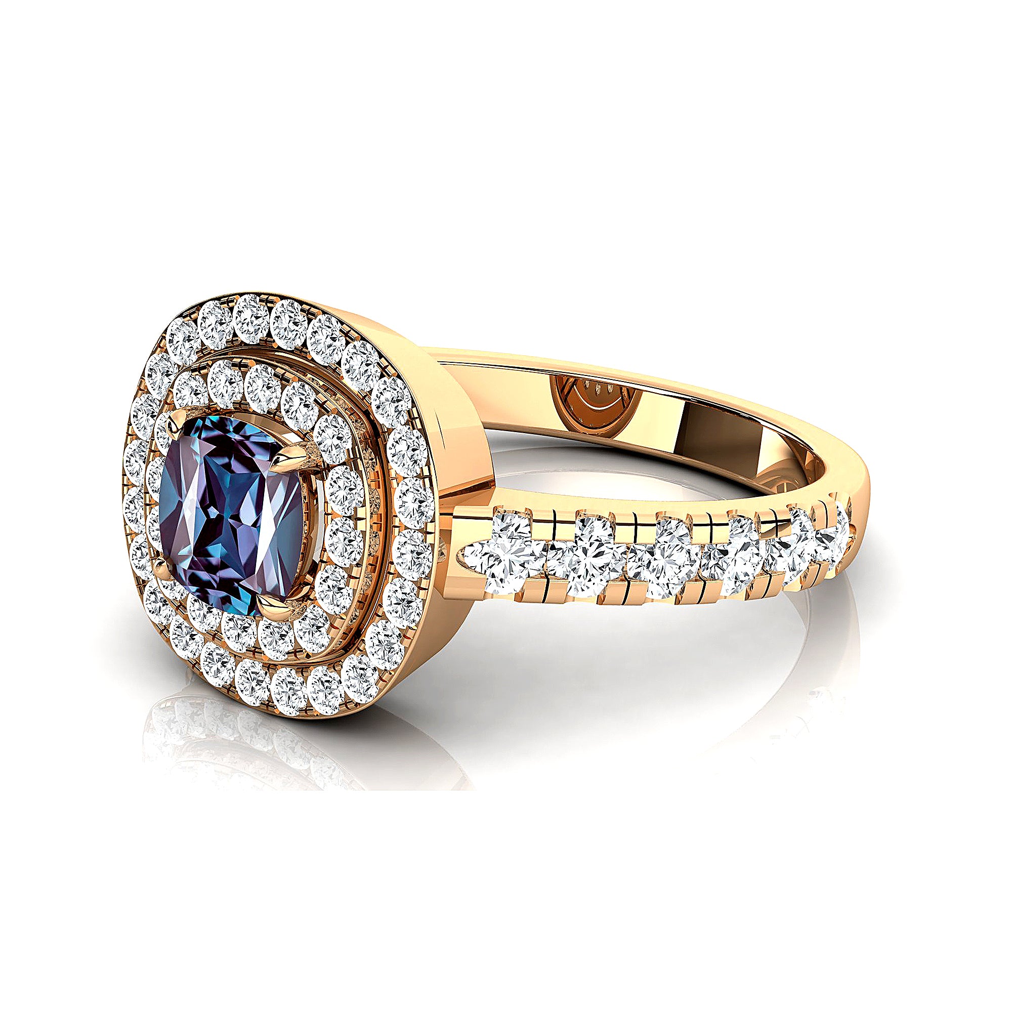 Double Halo Diamond Cushion Cut Alexandrite Ring - GeumJewels