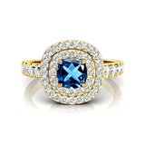 Double Halo Diamond Cushion Cut London Blue Topaz Ring - GeumJewels