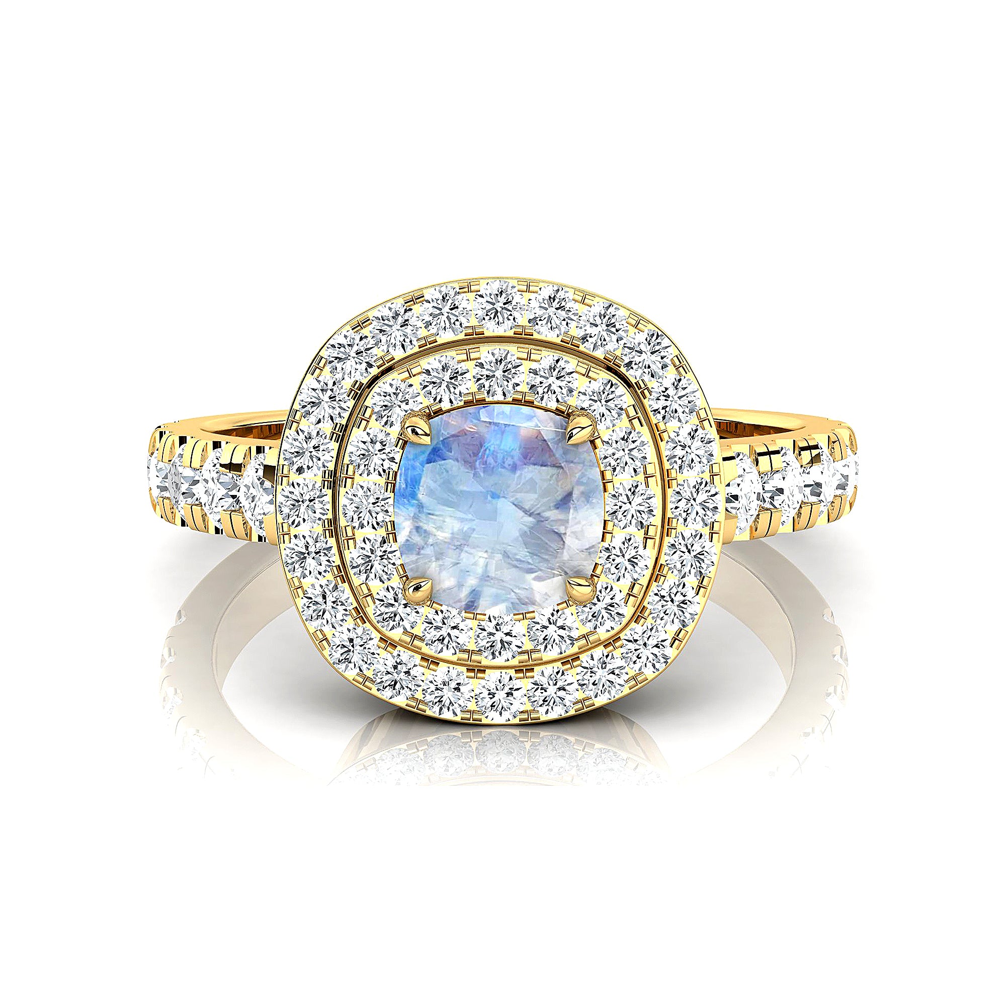 Double Halo Diamond Cushion Cut Moonstone Ring - GeumJewels