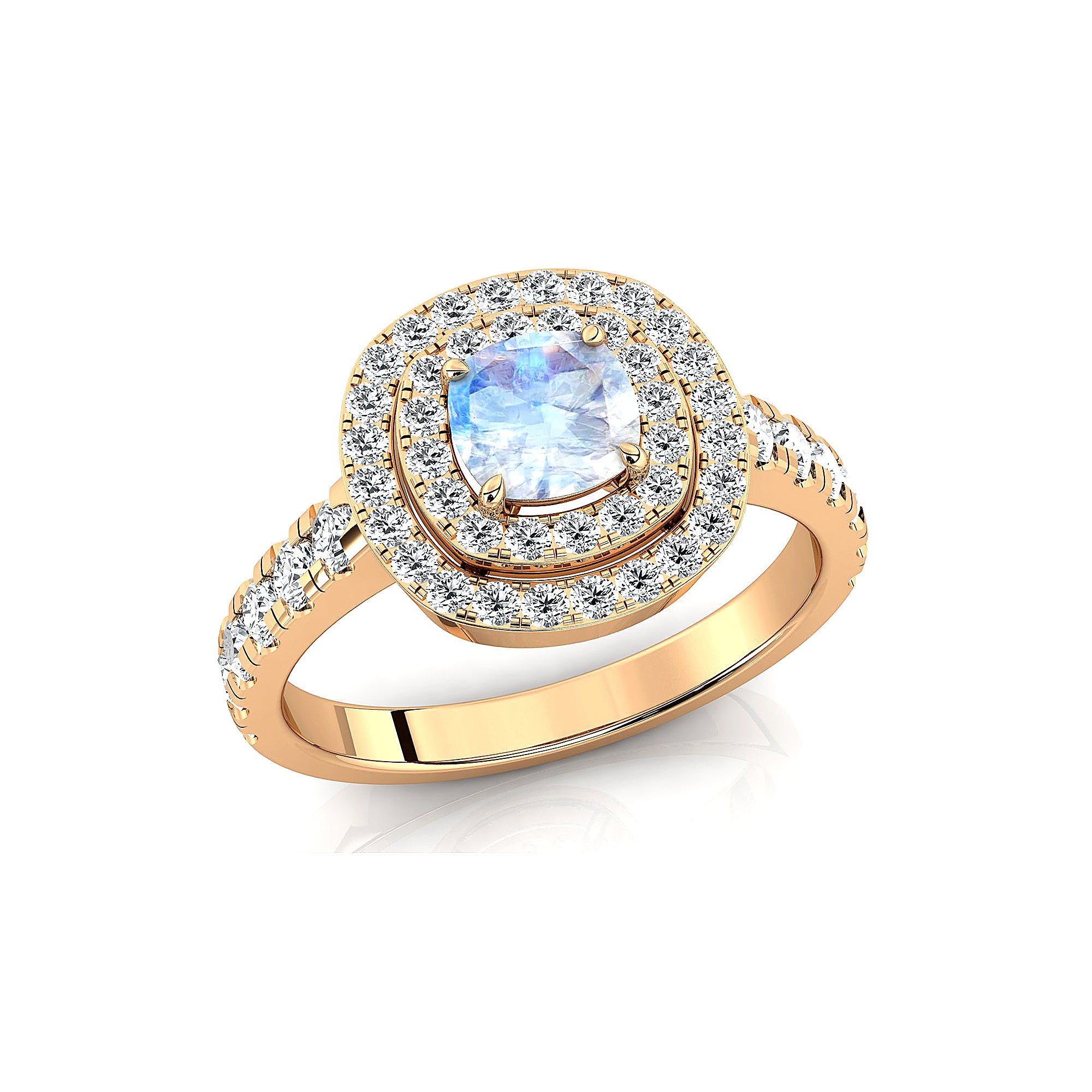 Double Halo Diamond Cushion Cut Moonstone Ring - GeumJewels