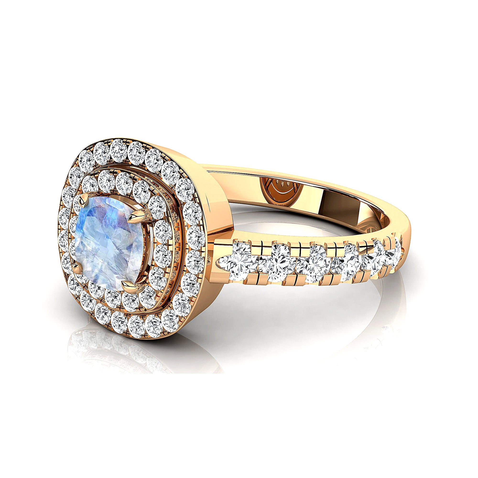 Double Halo Diamond Cushion Cut Moonstone Ring - GeumJewels