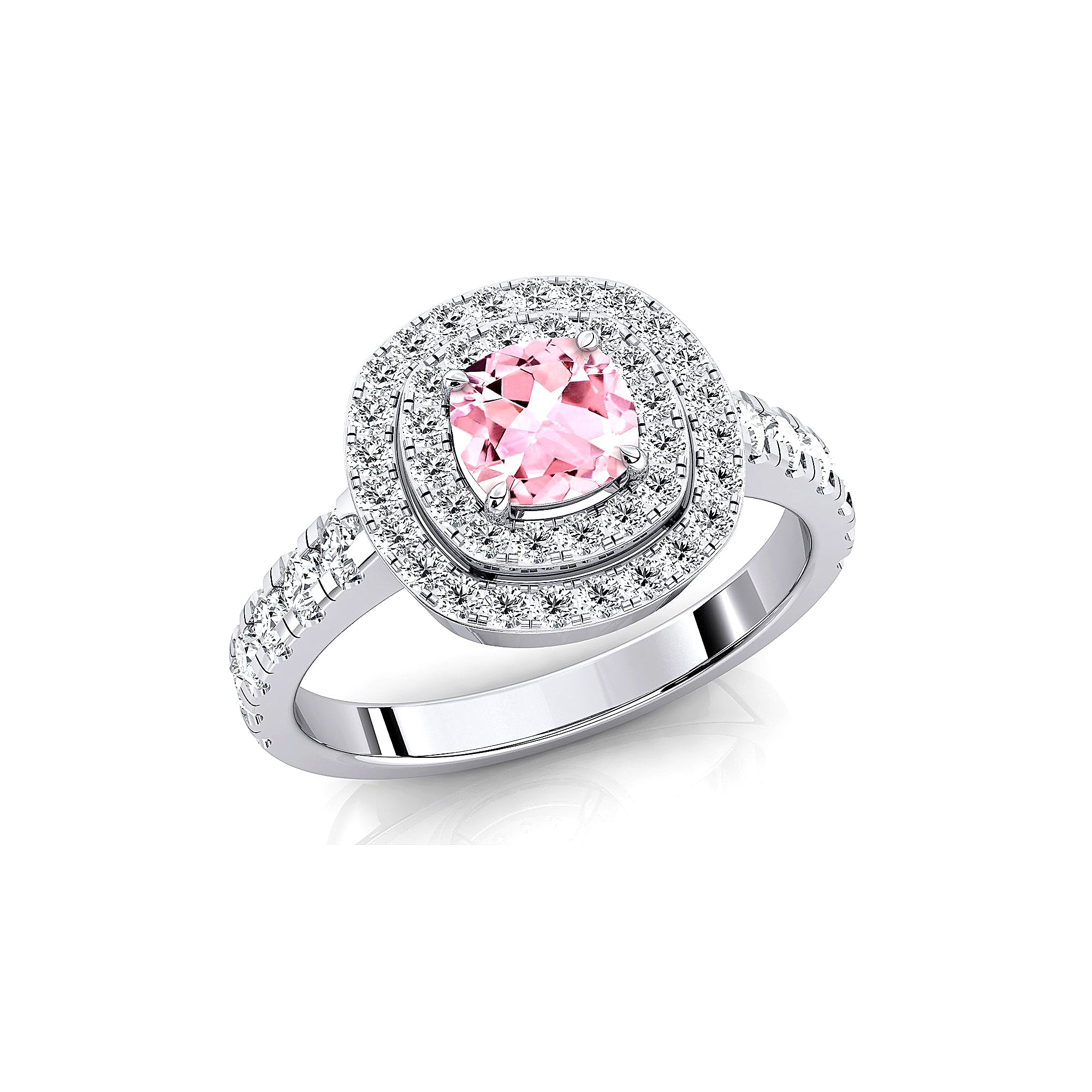 Double Halo Diamond Cushion Cut Morganite Ring - GeumJewels