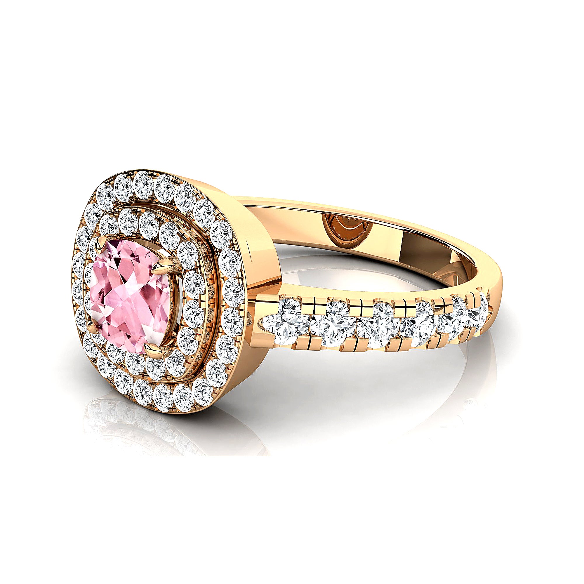Double Halo Diamond Cushion Cut Morganite Ring - GeumJewels
