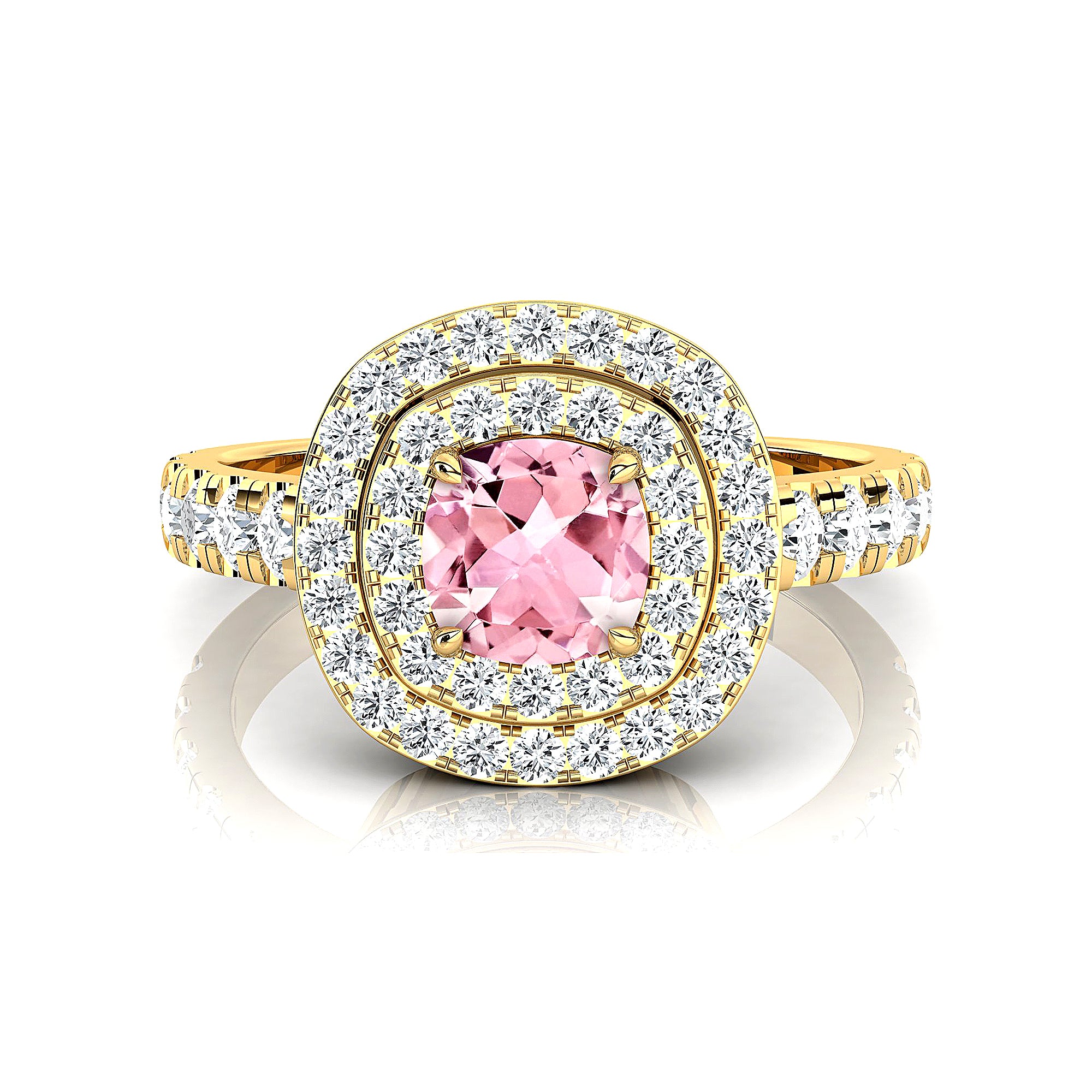 Double Halo Diamond Cushion Cut Morganite Ring - GeumJewels