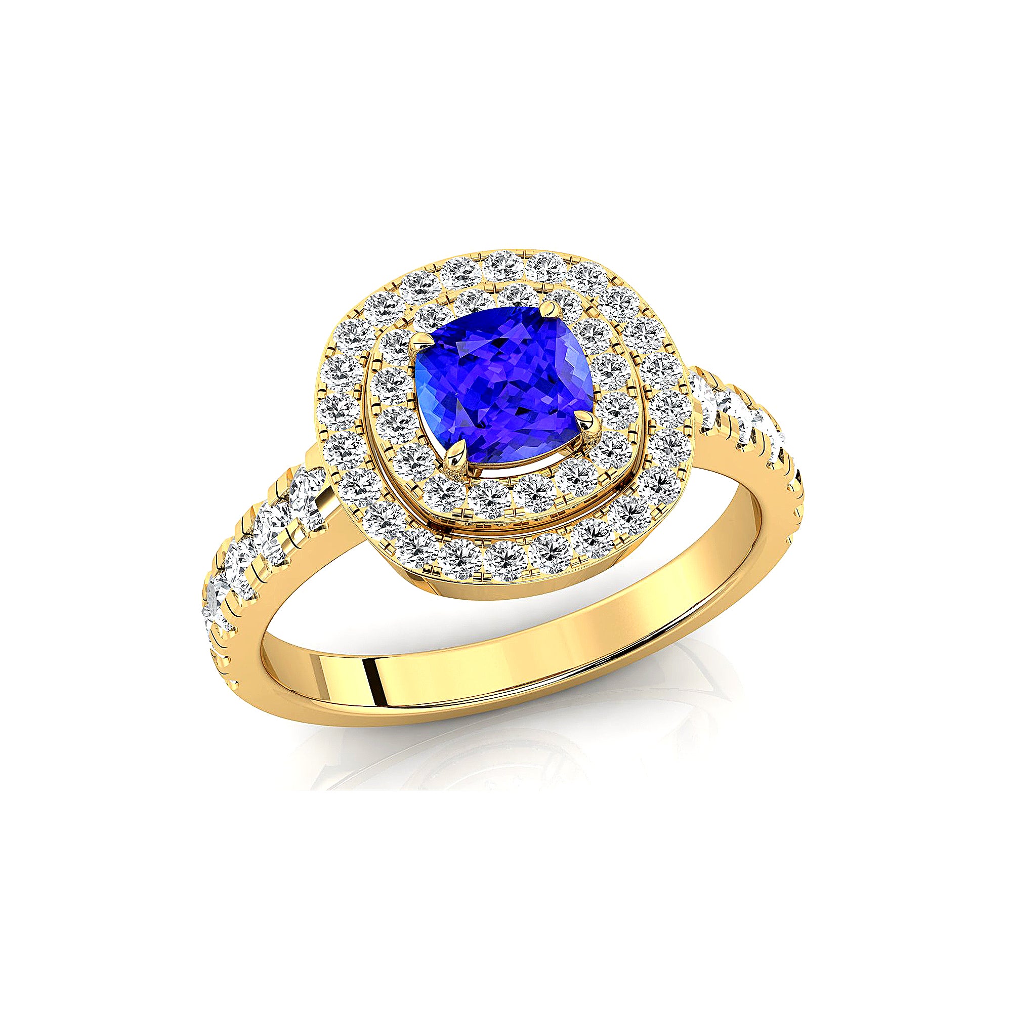Double Halo Diamond Cushion Cut Tanzanite Ring - GeumJewels