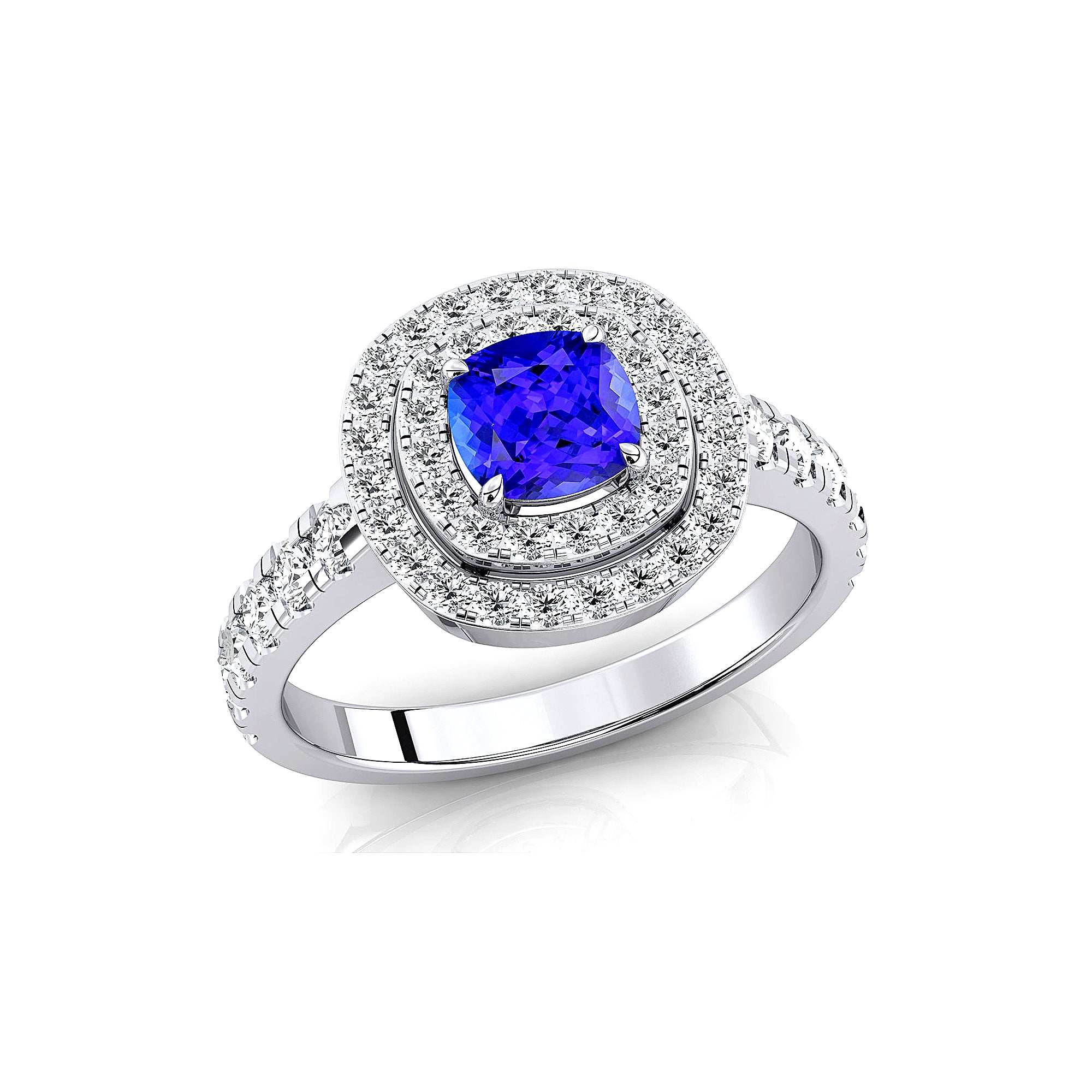 Double Halo Diamond Cushion Cut Tanzanite Ring - GeumJewels