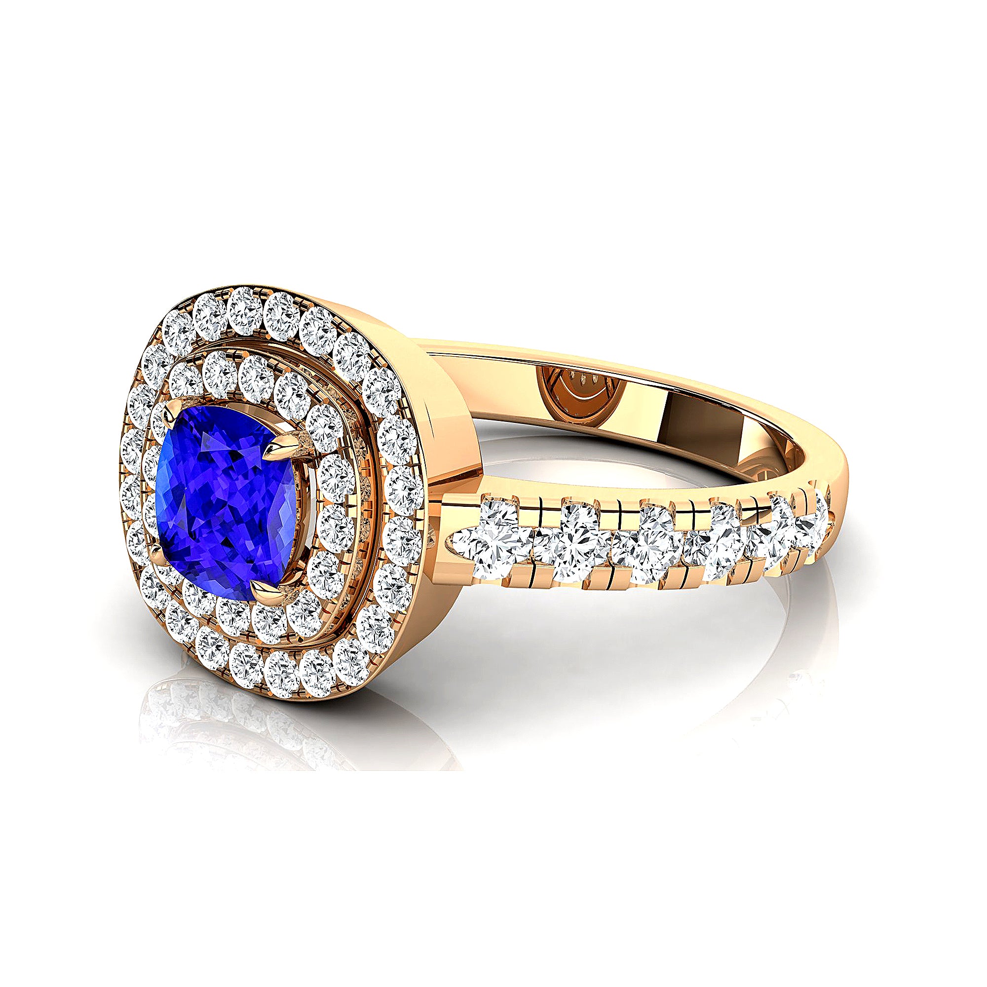 Double Halo Diamond Cushion Cut Tanzanite Ring - GeumJewels
