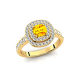 Double Halo Diamond Cushion Cut Yellow Sapphire Ring - GeumJewels