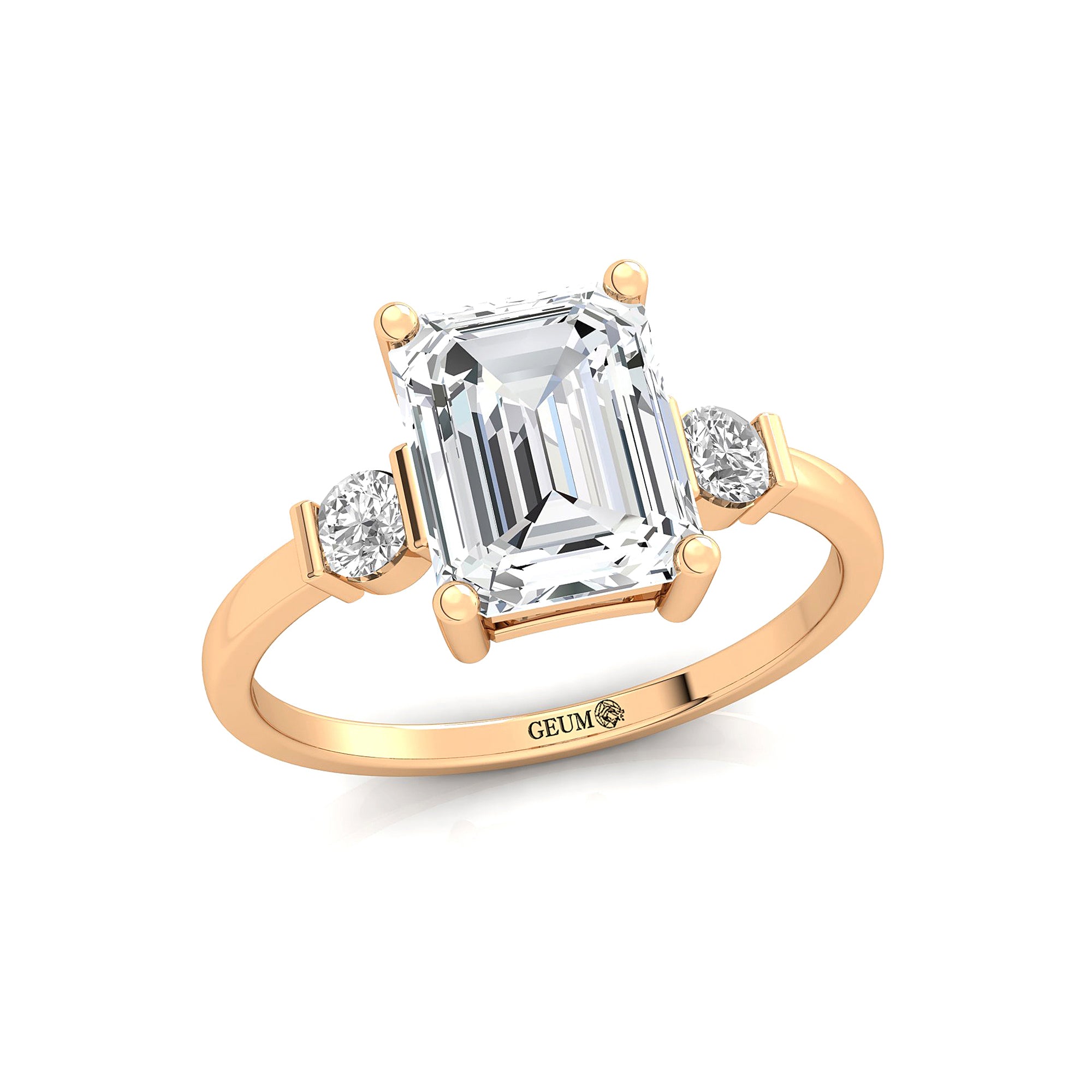 Emerald Cut Lab Diamond and Diamond Three Stone Ring - GeumJewels