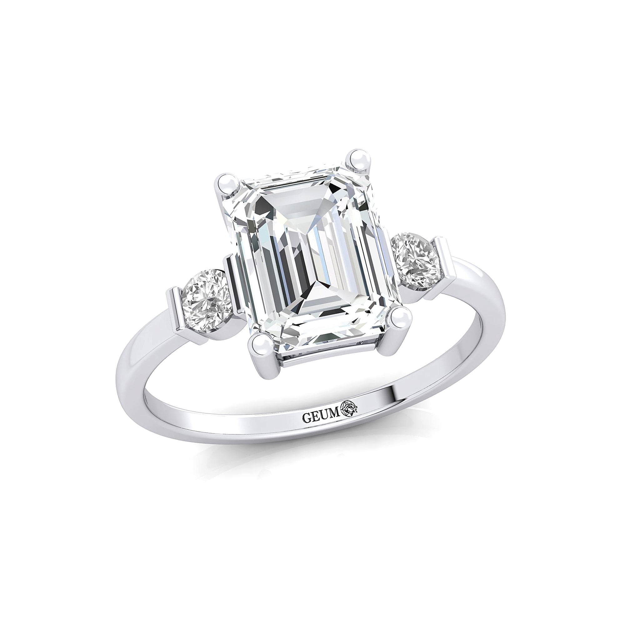 Emerald Cut Lab Diamond and Diamond Three Stone Ring - GeumJewels