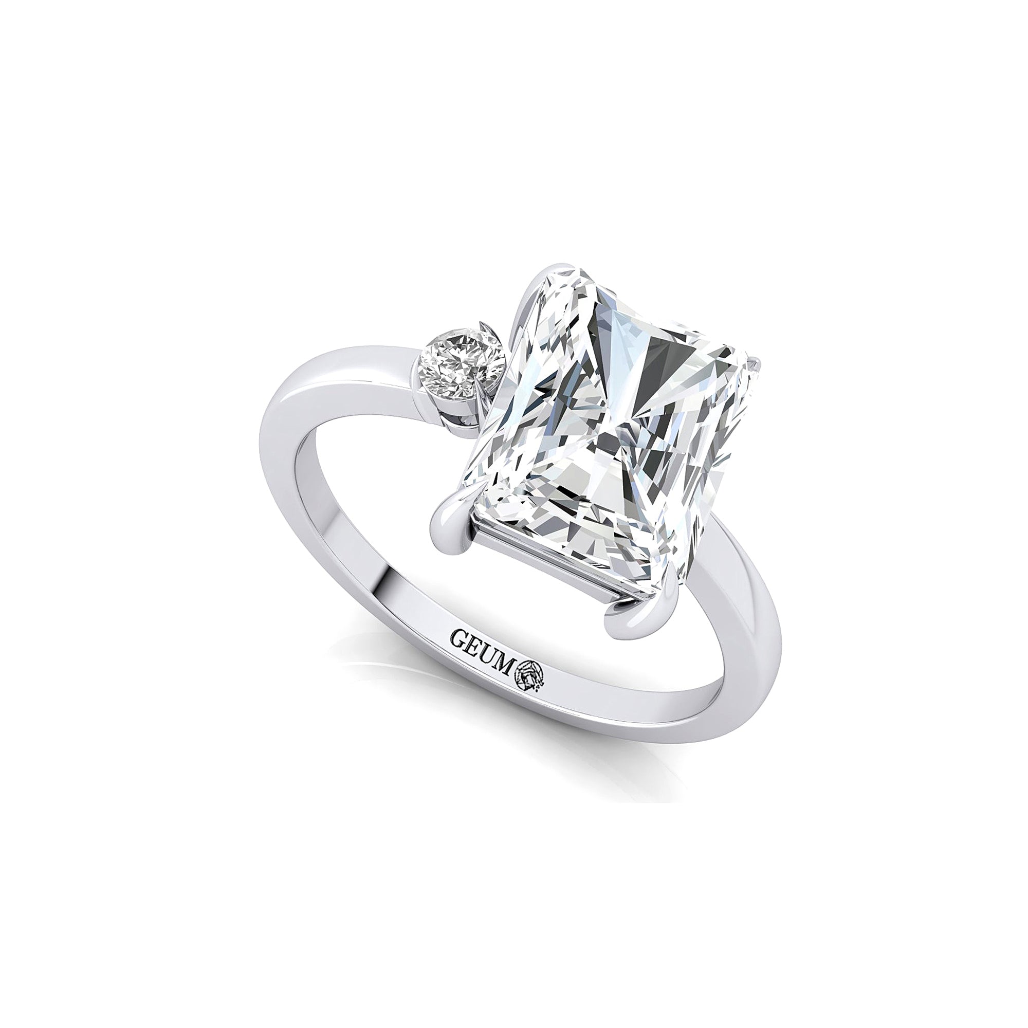 Emerald Shaped Lab Diamond with 3mm Accent Solitaire Engagement Ring - GeumJewels