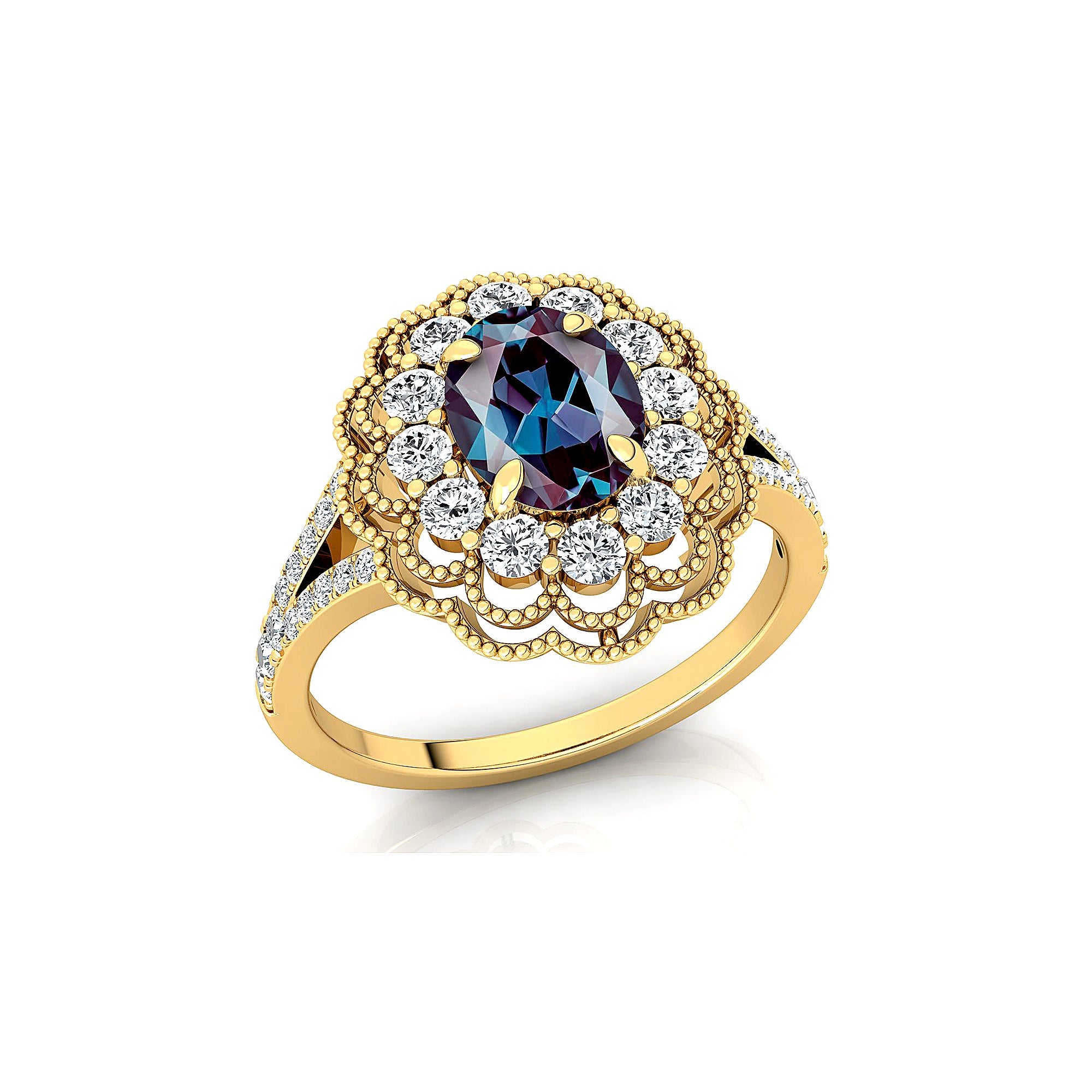 Flower Inspired Cluster Diamond Oval Alexandrite Engagement Ring - GeumJewels