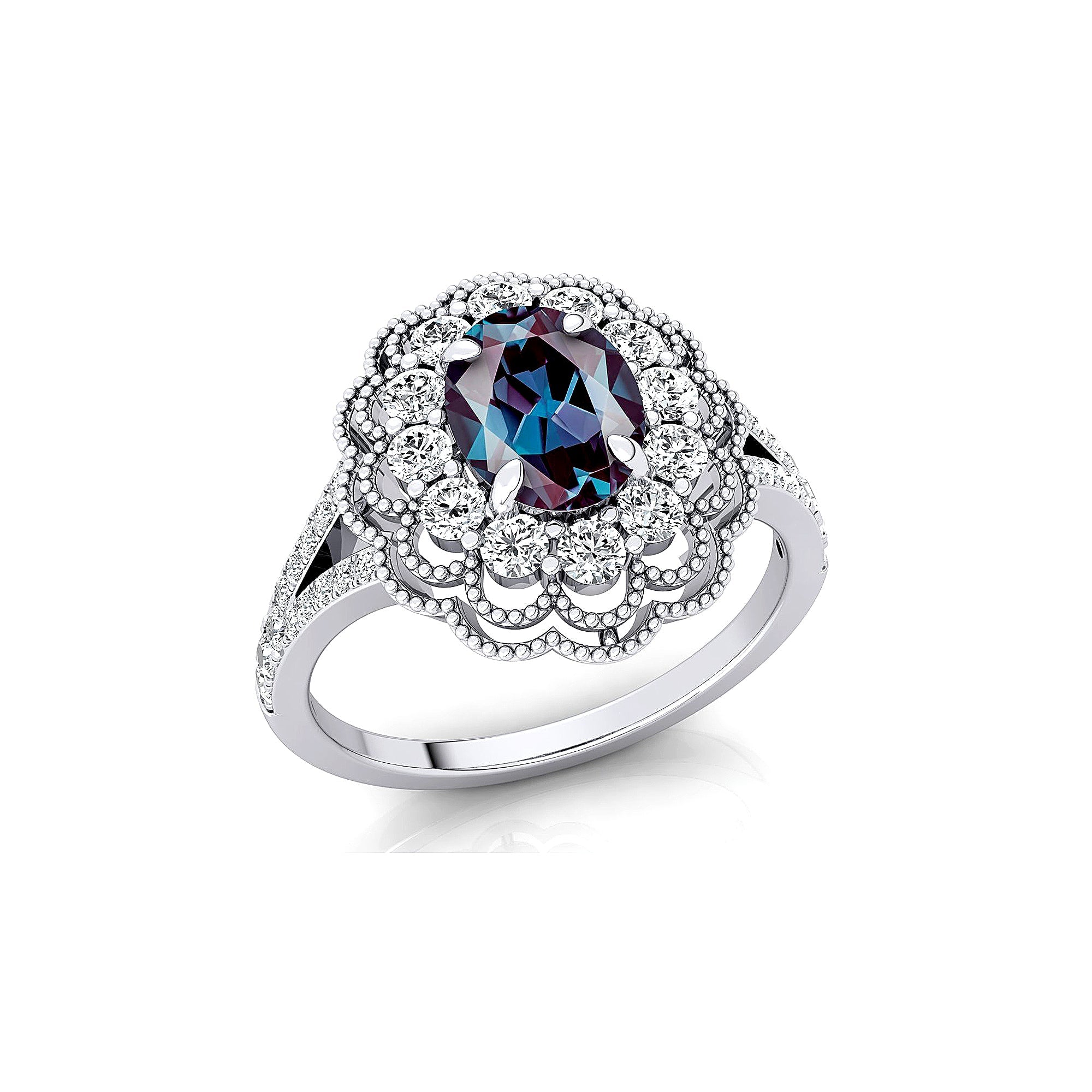Flower Inspired Cluster Diamond Oval Alexandrite Engagement Ring - GeumJewels
