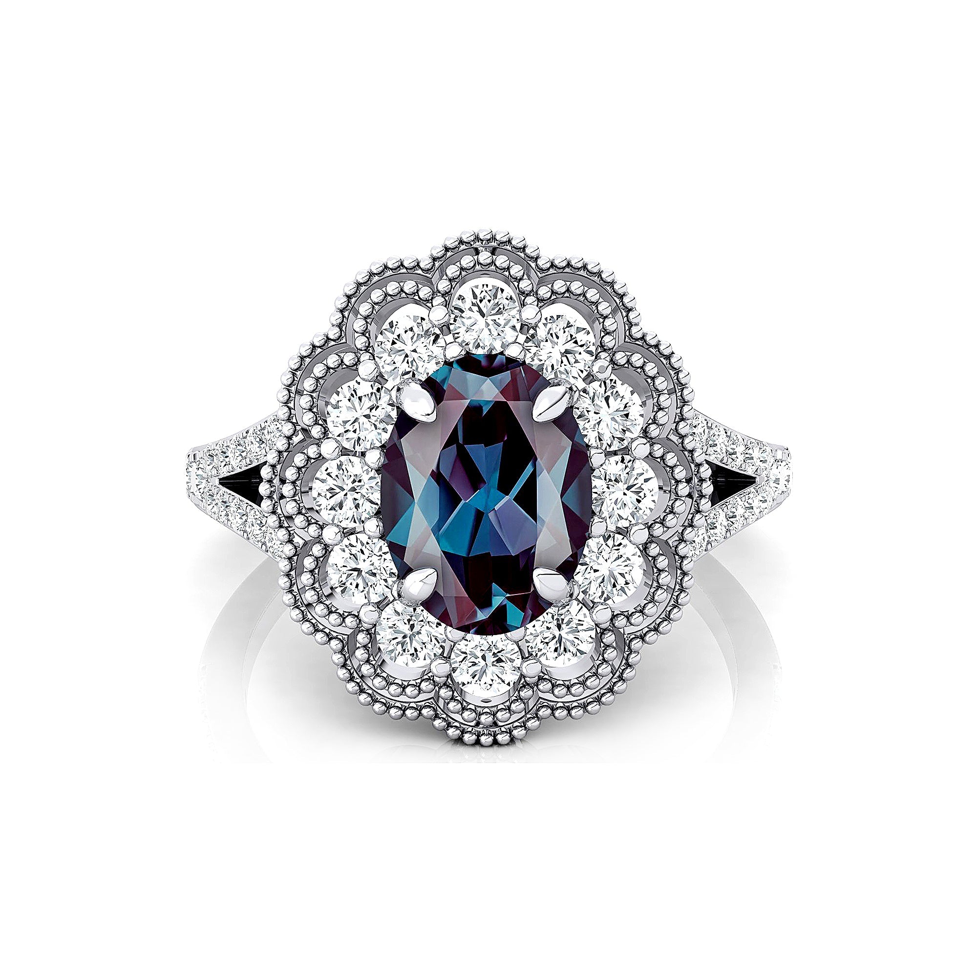 Flower Inspired Cluster Diamond Oval Alexandrite Engagement Ring - GeumJewels