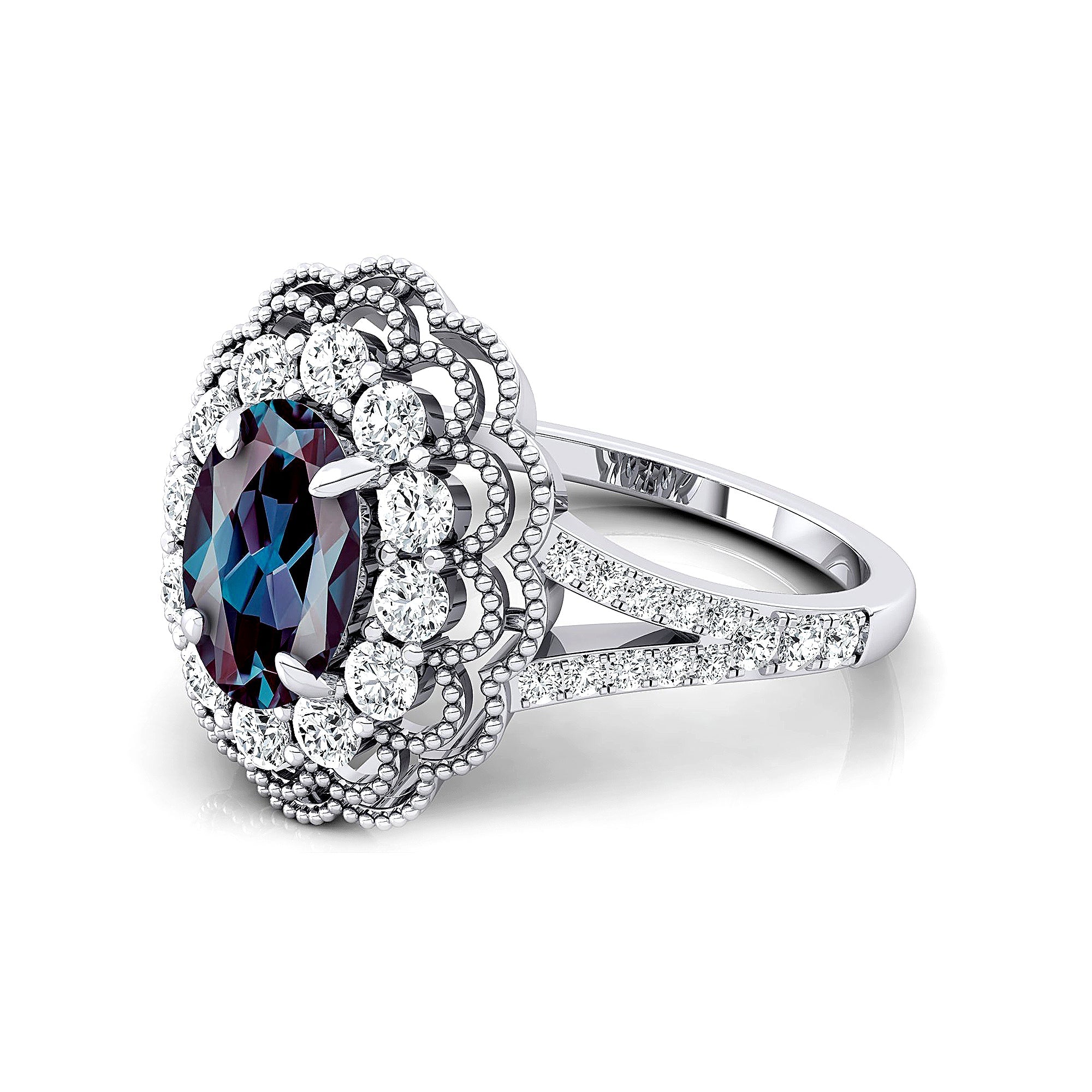 Flower Inspired Cluster Diamond Oval Alexandrite Engagement Ring - GeumJewels