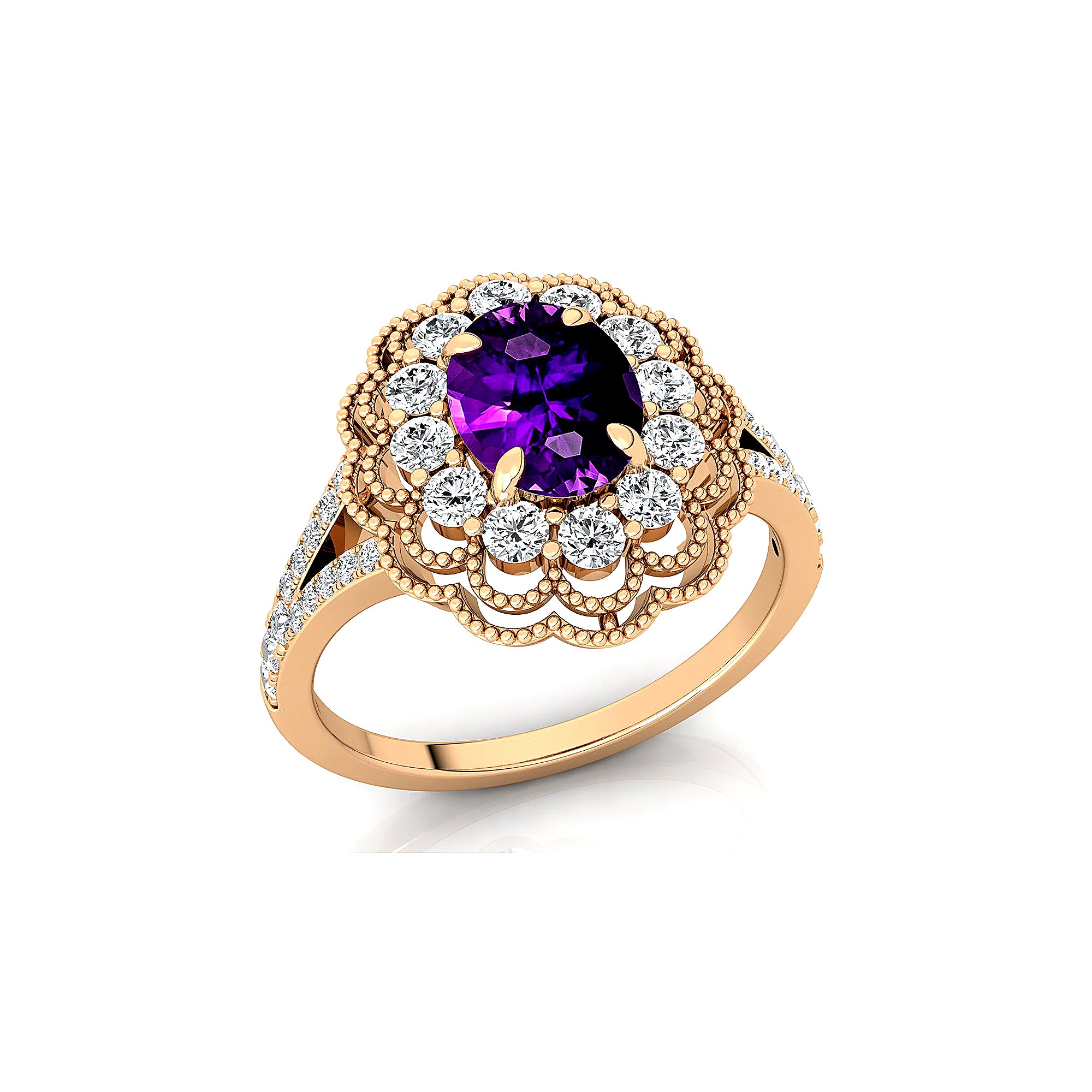 Flower Inspired Cluster Diamond Oval Amethyst Engagement Ring - GeumJewels
