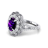 Flower Inspired Cluster Diamond Oval Amethyst Engagement Ring - GeumJewels