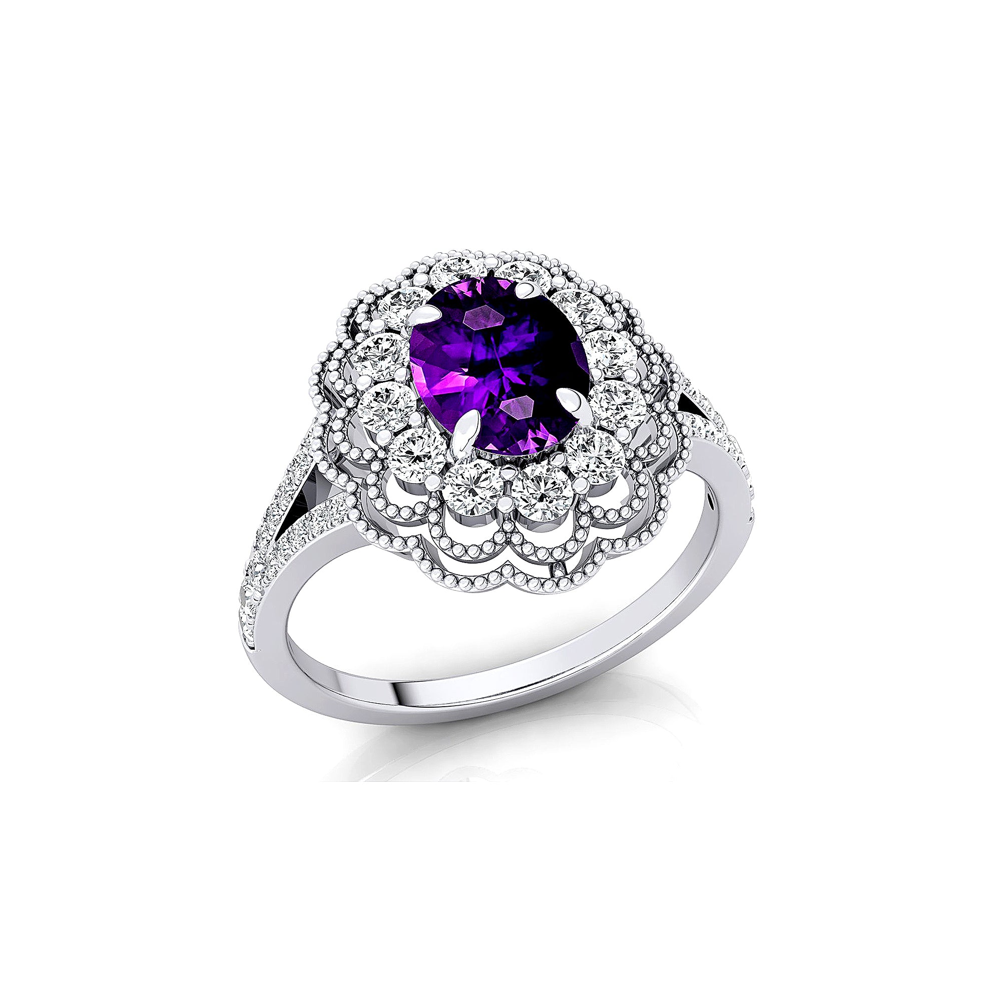 Flower Inspired Cluster Diamond Oval Amethyst Engagement Ring - GeumJewels