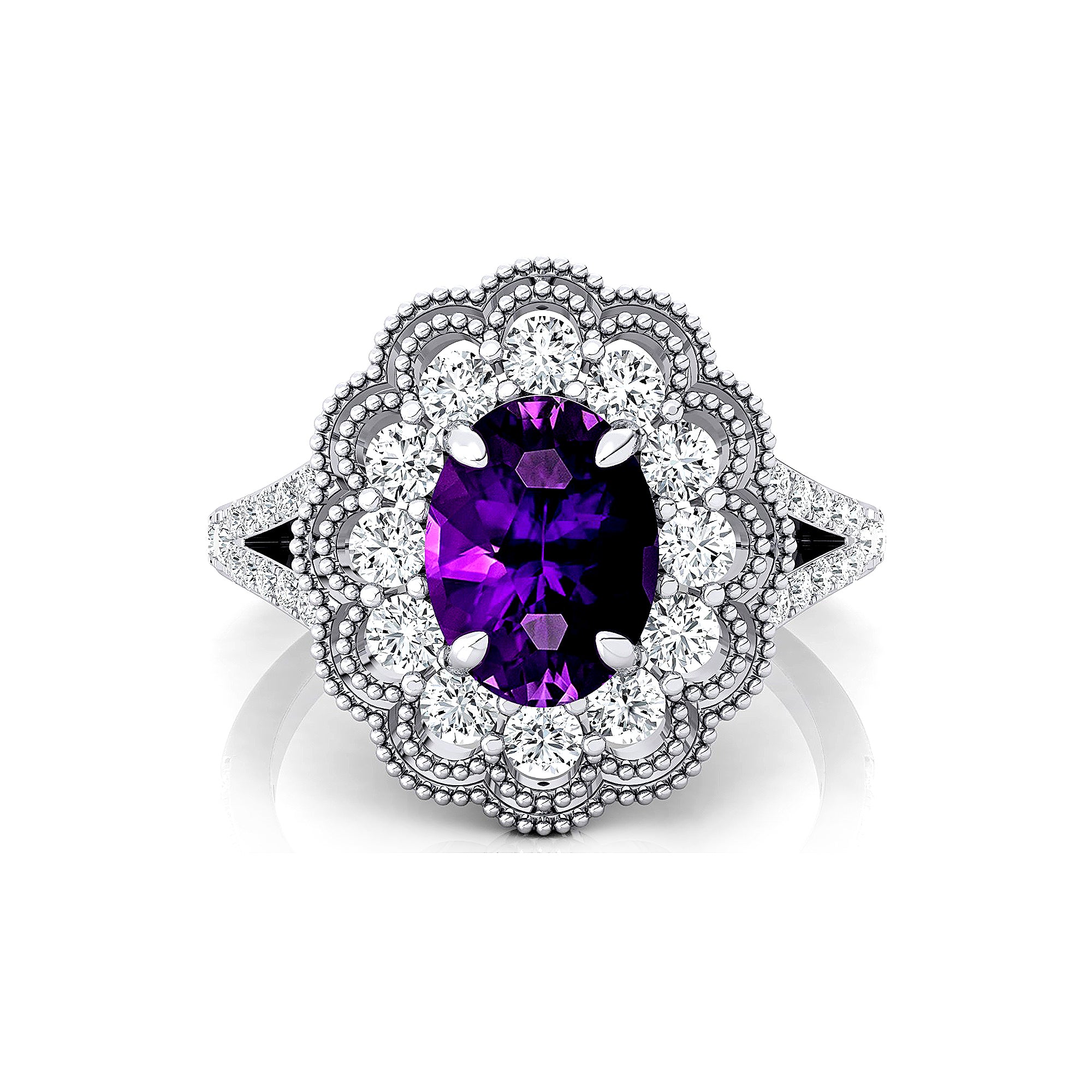 Flower Inspired Cluster Diamond Oval Amethyst Engagement Ring - GeumJewels