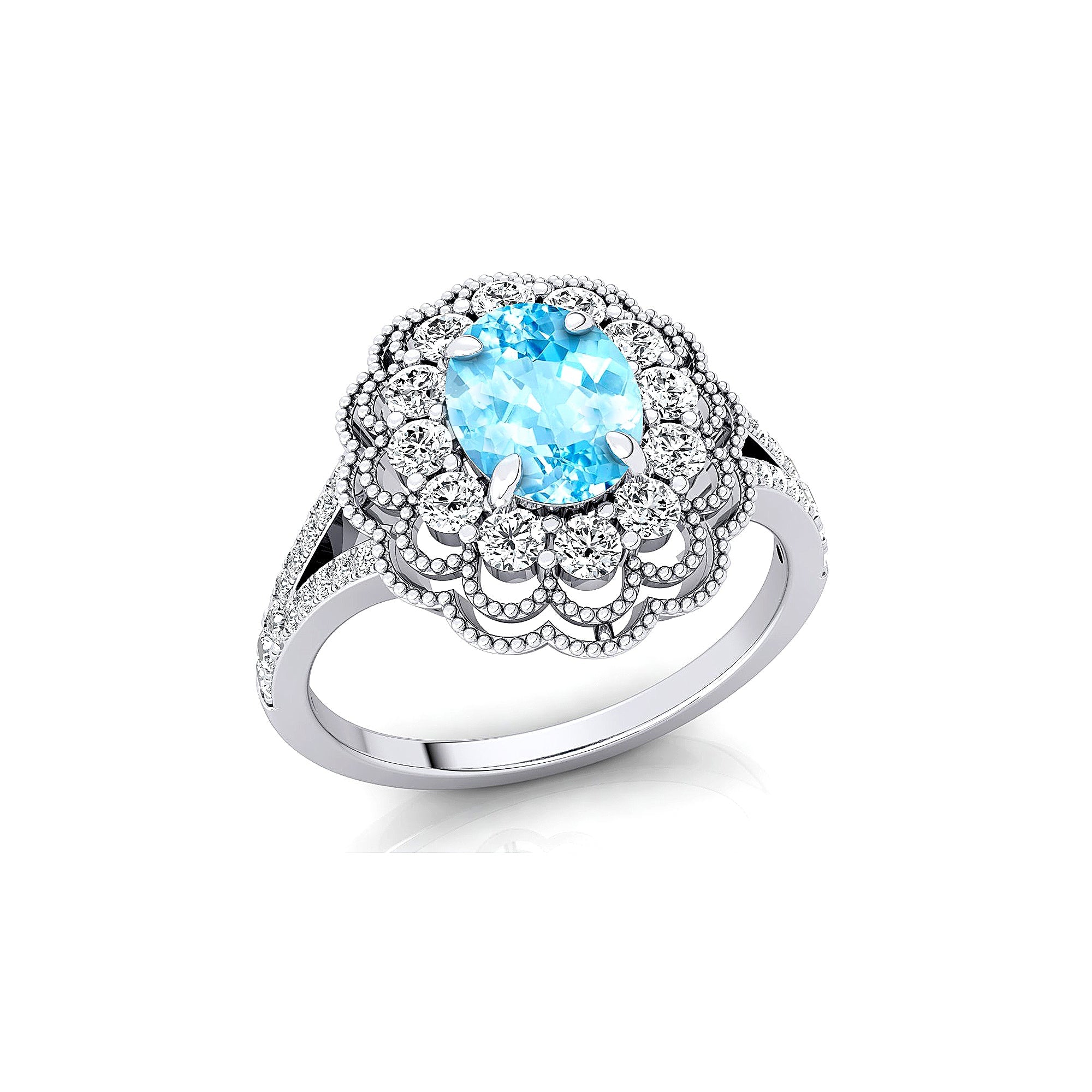 Flower Inspired Cluster Diamond Oval Aquamarine Engagement Ring - GeumJewels
