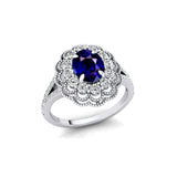 Flower Inspired Cluster Diamond Oval Blue Sapphire Engagement Ring - GeumJewels