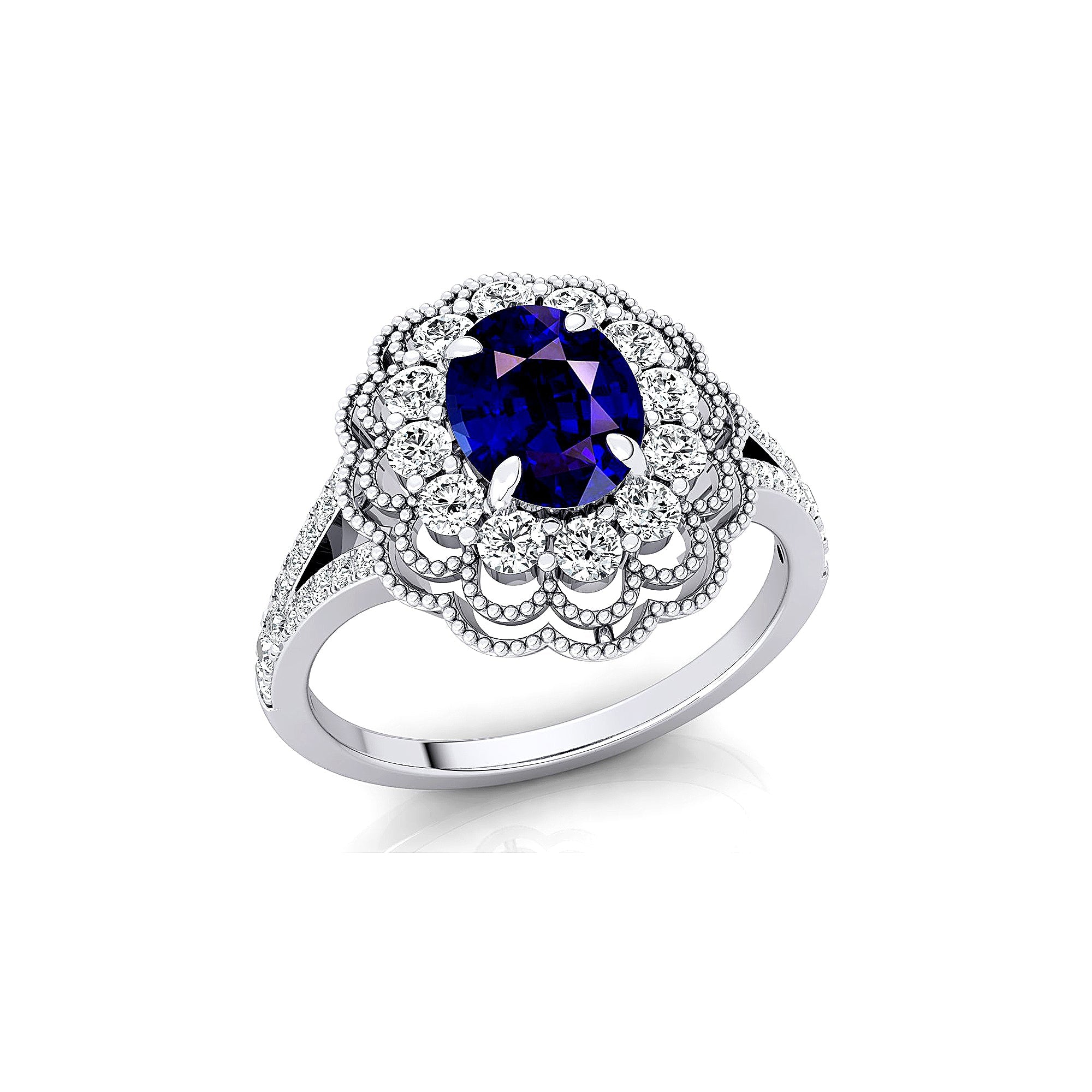 Flower Inspired Cluster Diamond Oval Blue Sapphire Engagement Ring - GeumJewels