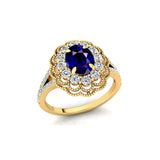 Flower Inspired Cluster Diamond Oval Blue Sapphire Engagement Ring - GeumJewels